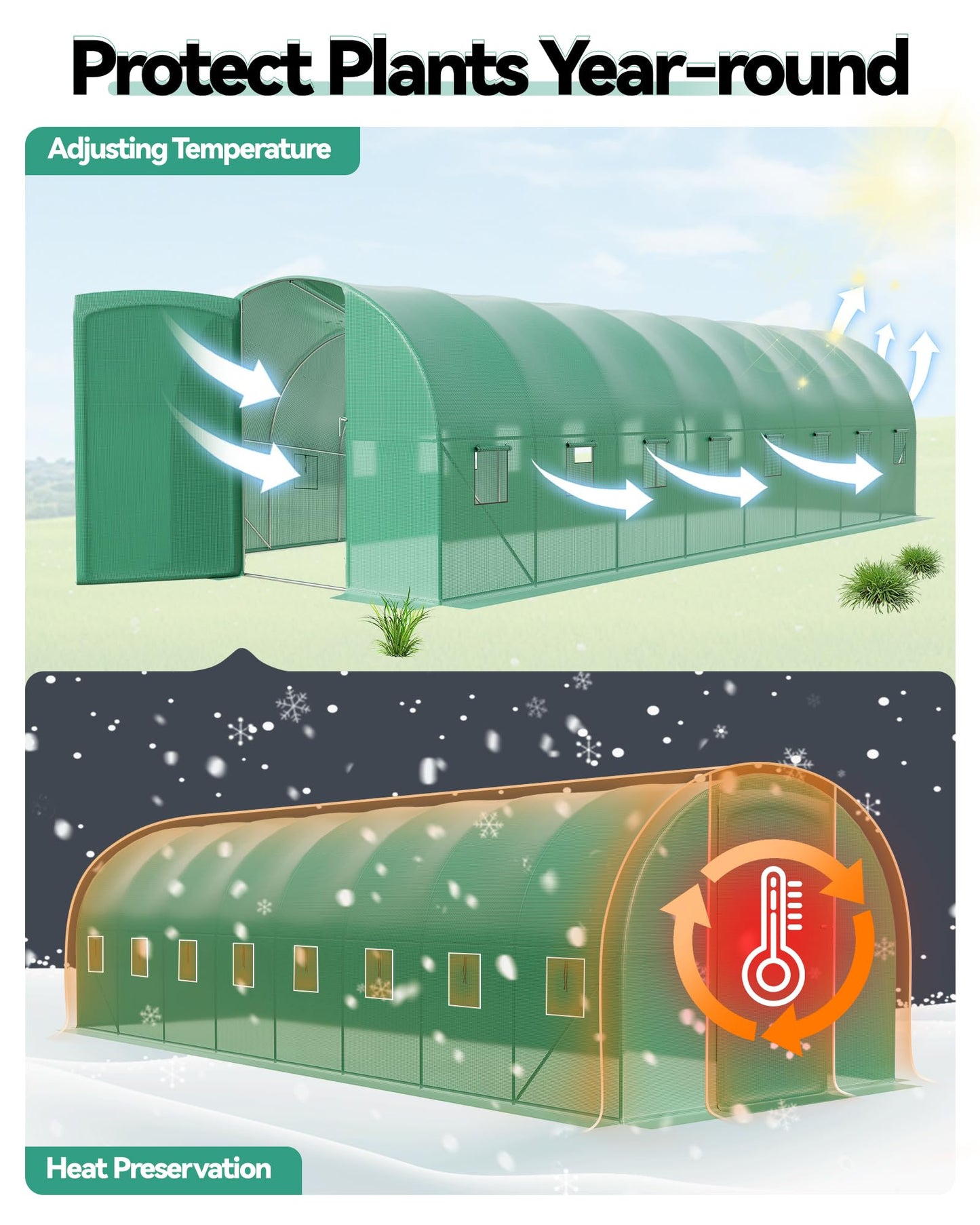 28X10x7.5 ft Large Walk-in Tunnel Greenhouse for Outdoors, Grow Tent with Reinforced Frame, Dual Zippered Screen Doors & 8 Screen Windows Green Houses Kit for Outside Backyard Gardening