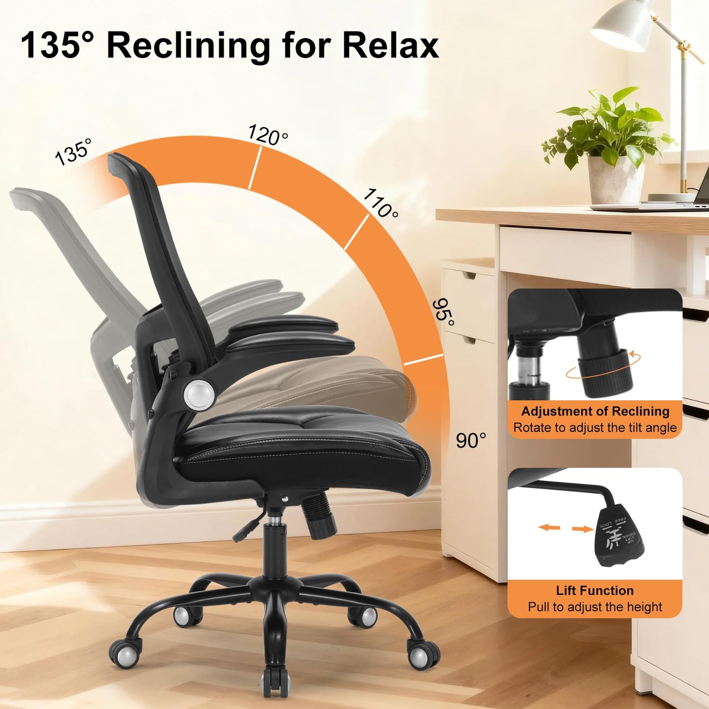 Ergonomic Office Chair, PU Leather Ergonomic Desk Chair with Mesh Back Adjustable Lumbar Support Home Gmaing Desk Chair with Wheels and Flip-Up Armrests, 360°Swivel, Tilt Lock and Wide Cushion-400LBS