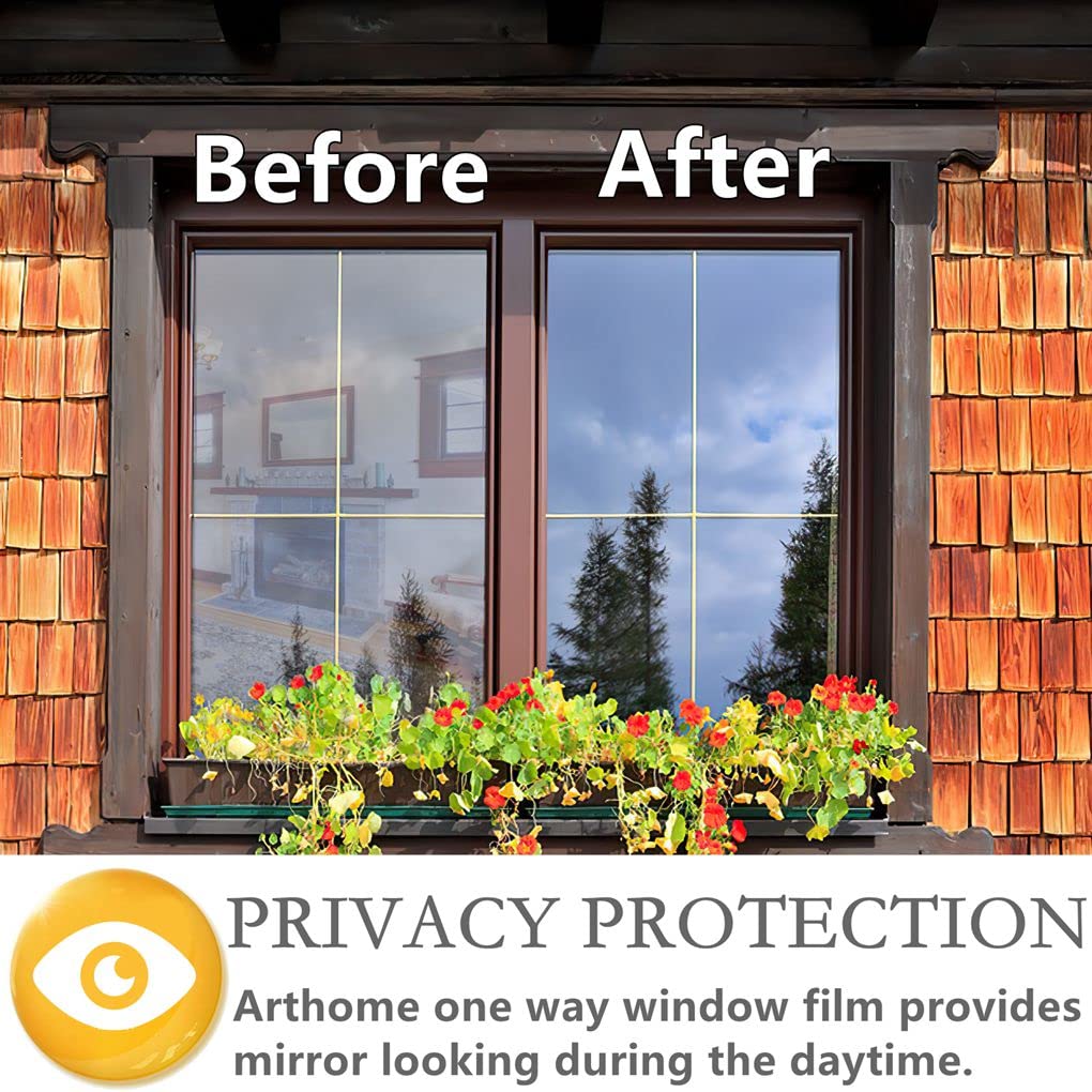 Arthome One Way Window Film Daytime Privacy Window Tint for Home UV Blocking Mirror Film Non-Adhesive Static Cling Heat Control Reflective Glass Film for Home and Office, Silver, 35.4 Inch x 32.8 Feet