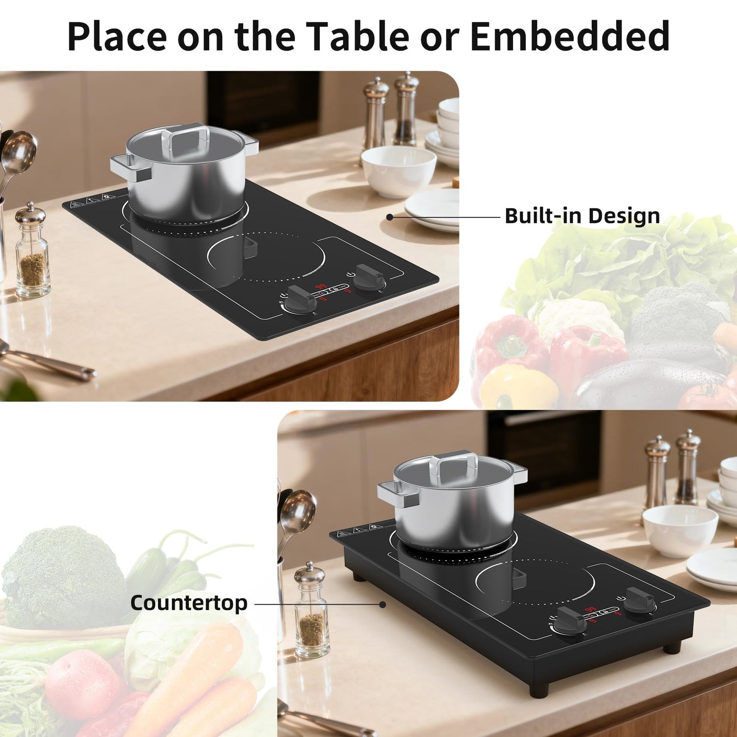 GIHETKUT Double Induction Cooktop, 110V 2300W hot plate with LED Touch Screen, 9 Power Levels, Kids Lock & Timer, Overheat Protection, knob and touch control 2 burner Induction cooktop