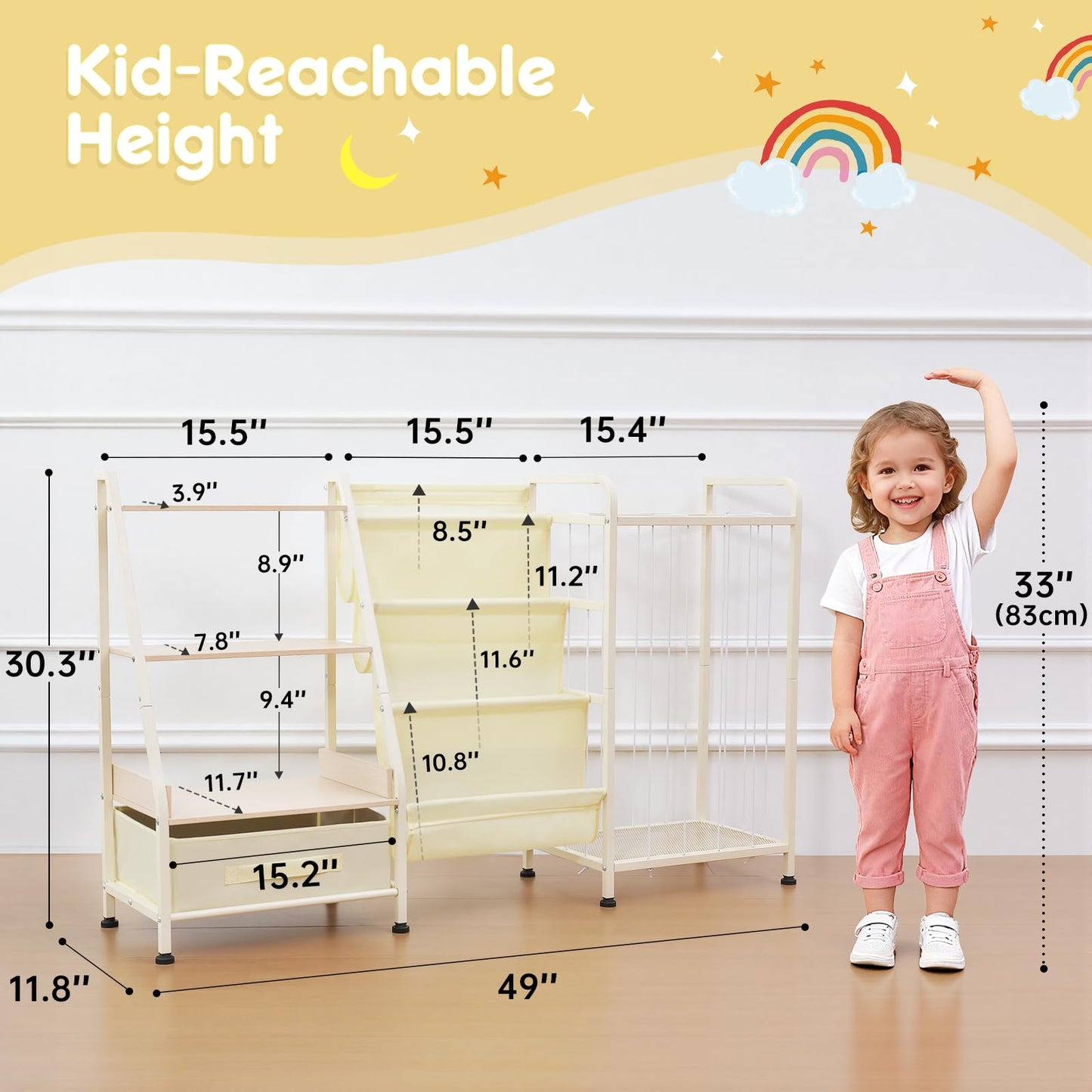 Fabuday Kids Bookshelf and Toy Storage Organizer - 4 Tiers Large Toddler Baby Sling Book Shelves for Kids Room with Stuffed Animal Storage, 3 Tier Montessori Childrens Bookcase for Nursery, Playroom
