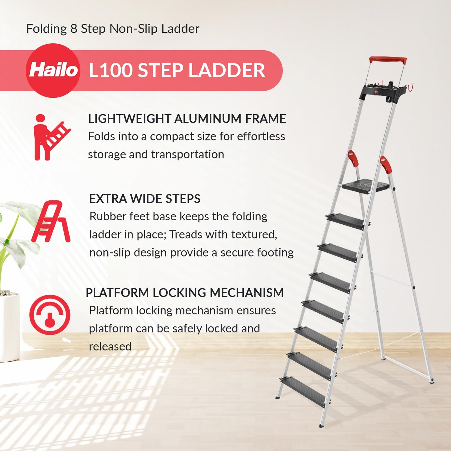 HAILO L100 Topline 8-Step Ladder – Aluminum Stepladder with Safety Bar, Tray, Locking Platform, XXL Non-Slip Steps, Hook, Strap, 330 lb Capacity, Max Working Height 146.5", EasyClix Compatible
