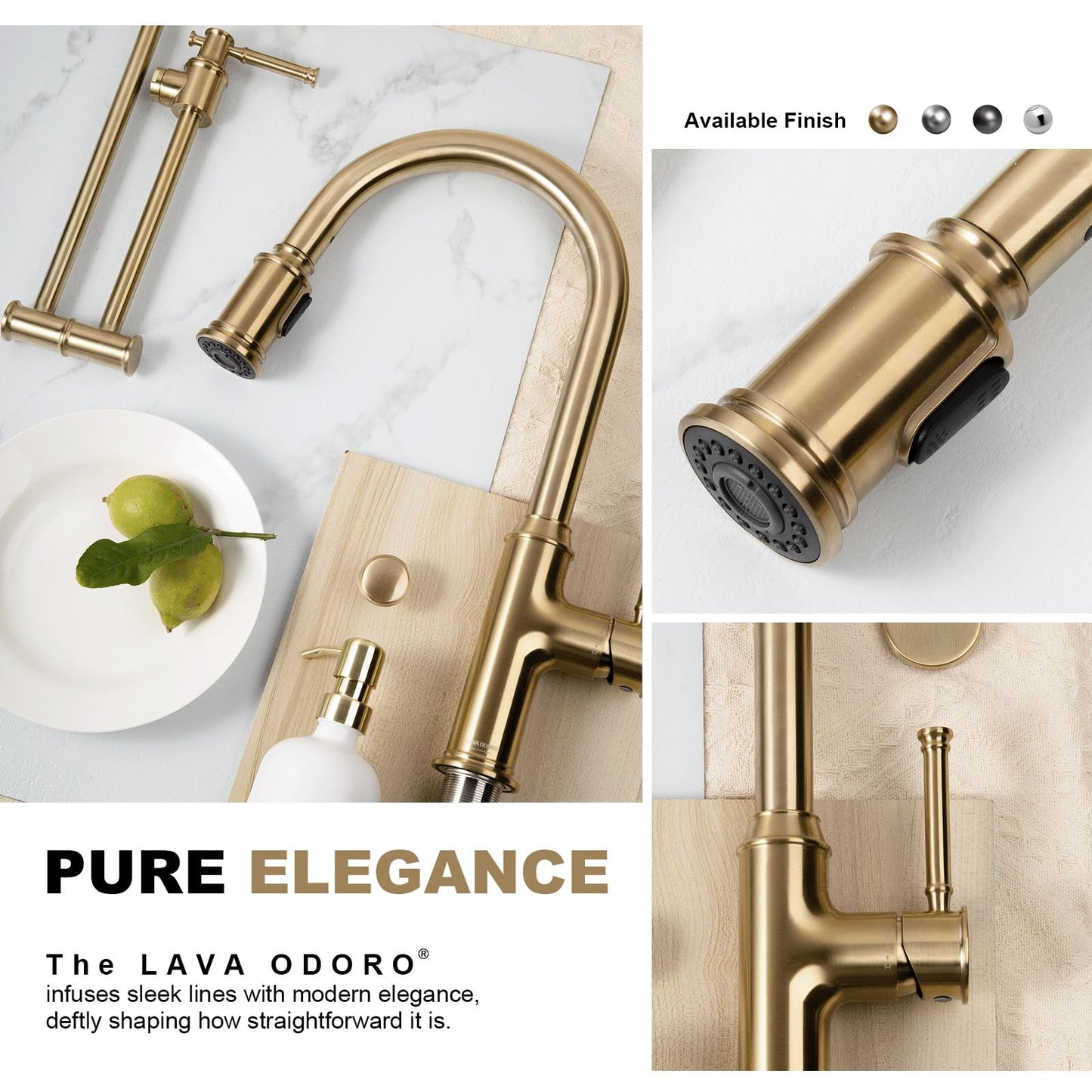 Lava Odoro Champagne Gold Kitchen Faucet with Pull Down Sprayer, Single Handle Kitchen Sink Faucet, Gold Faucet for Kitchen Sink 1 Hole and 3 Hole, Deck Plate Included, KF421-CB