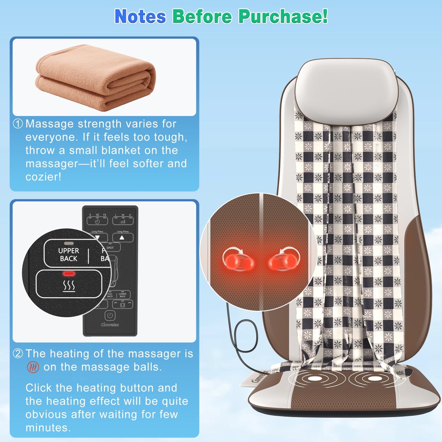 comrelax Shiatsu Back Massager with Heat, Massage Chair Pad Seat Cushion for Stress Relief, Deep Tissue Kneading & Roller, 2 Vibration Motors, Back Waist Hip Massager, PU Leather, with 2 Adapters