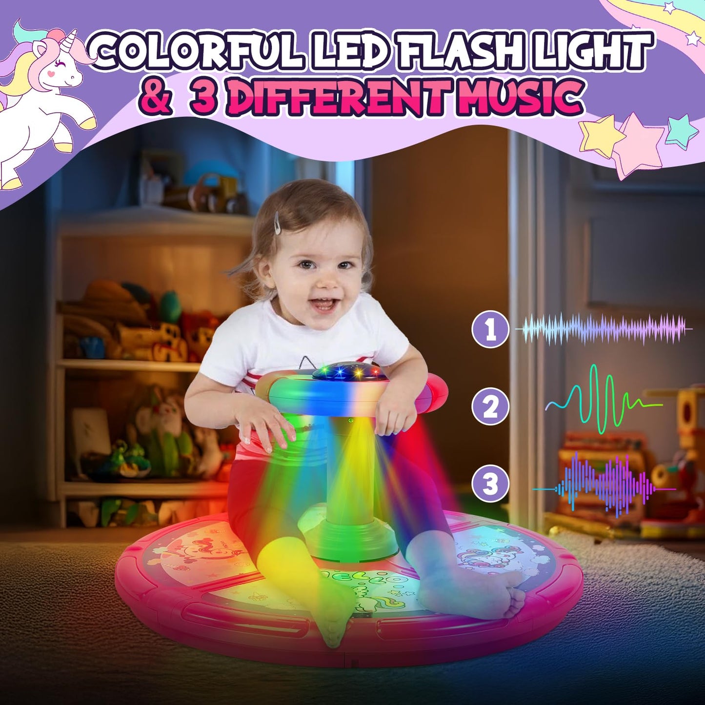 Unicorn Sit and Spin, GODELAIF Sit and Spin Toy 360° Spinning Stool Seat Sensory Toys Christmas Birthday Gift with Music & LED Lights for Kids Toddlers Girls Boys 2, 3, 4, 5, 6 Years Old