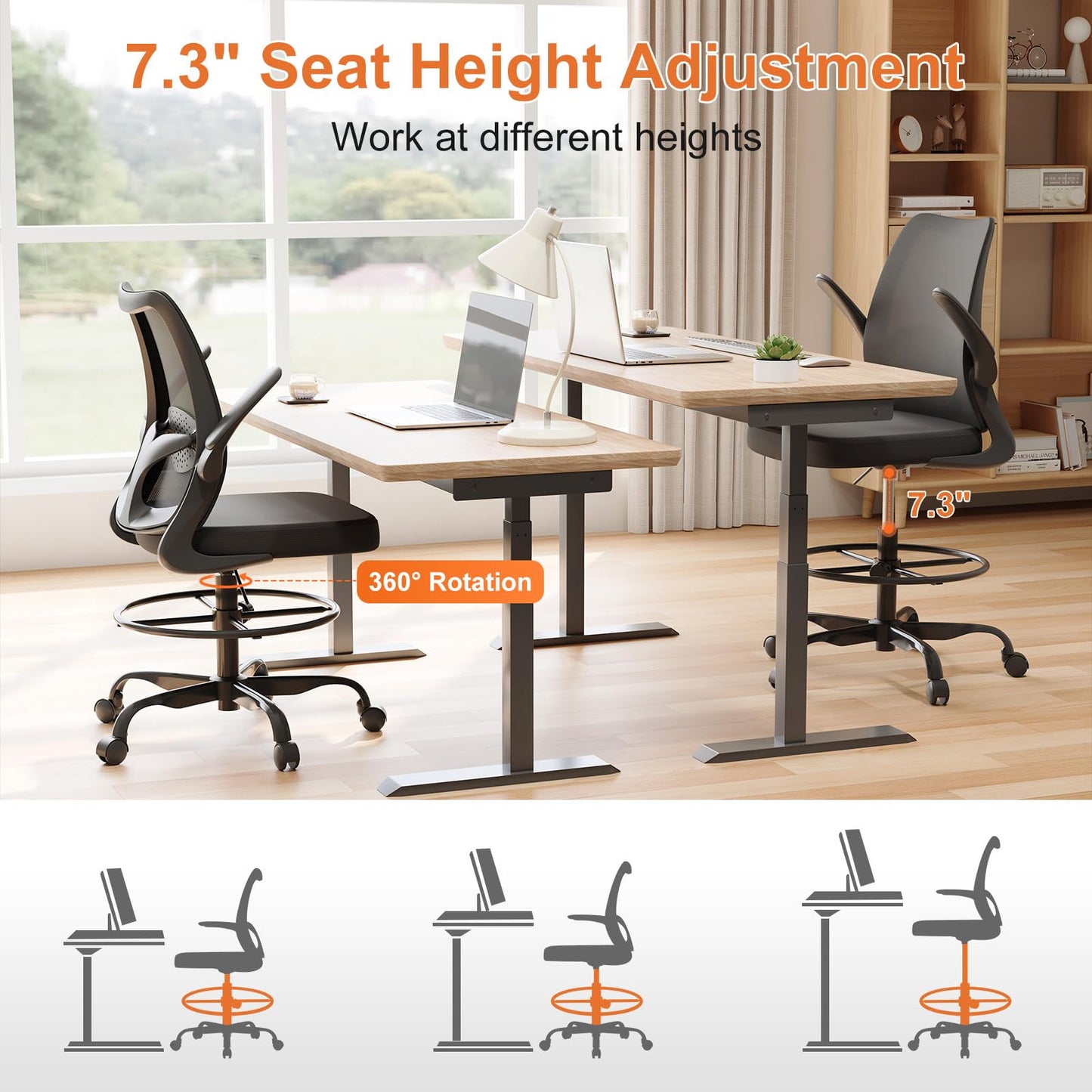 BERYTH Tall Office Chair for Standing Desks,High Desk Drafting Chair with Adjustable Footrest Ring,Ergonomic Lumbar Support,Flip-Up Armrests for Home Office,Black