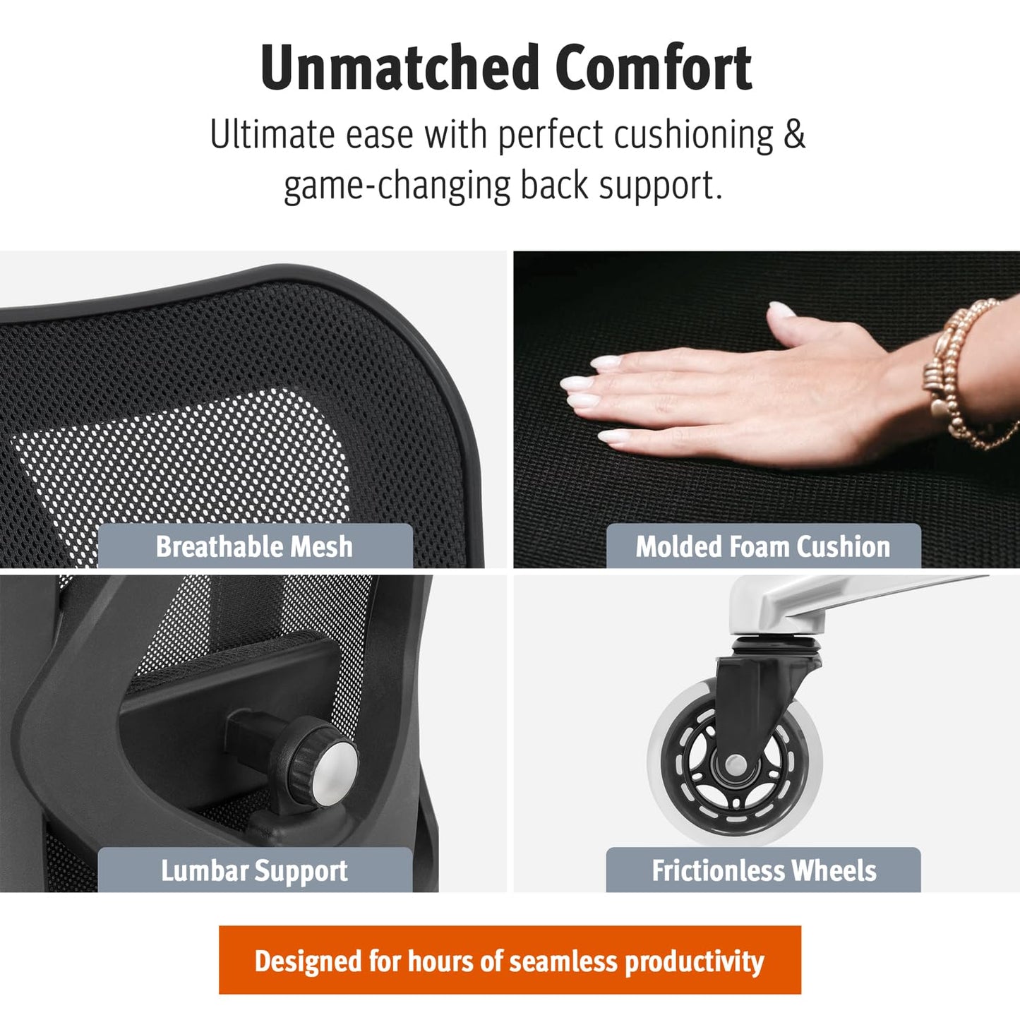 Ergonomic Office Chair - Adjustable Desk Chair with Lumbar Support and Rollerblade Wheels - High Back Chairs with Breathable Mesh - Thick Seat Cushion, Head, and Arm Rests - Reclines (Black)