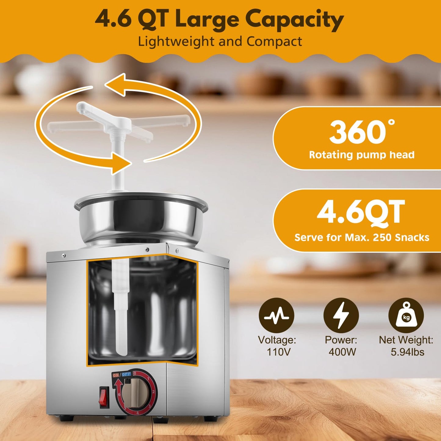 Fulgutonit Electric Nacho Cheese Dispenser with Pump, 4.6Qt Nacho Cheese Warmer, Commercial Hot Fudge Warmer, 86~190℉ Adjustable Temp Nacho Cheese Sauce Warmer for Buffet Kitchen Cafeteria Home Party