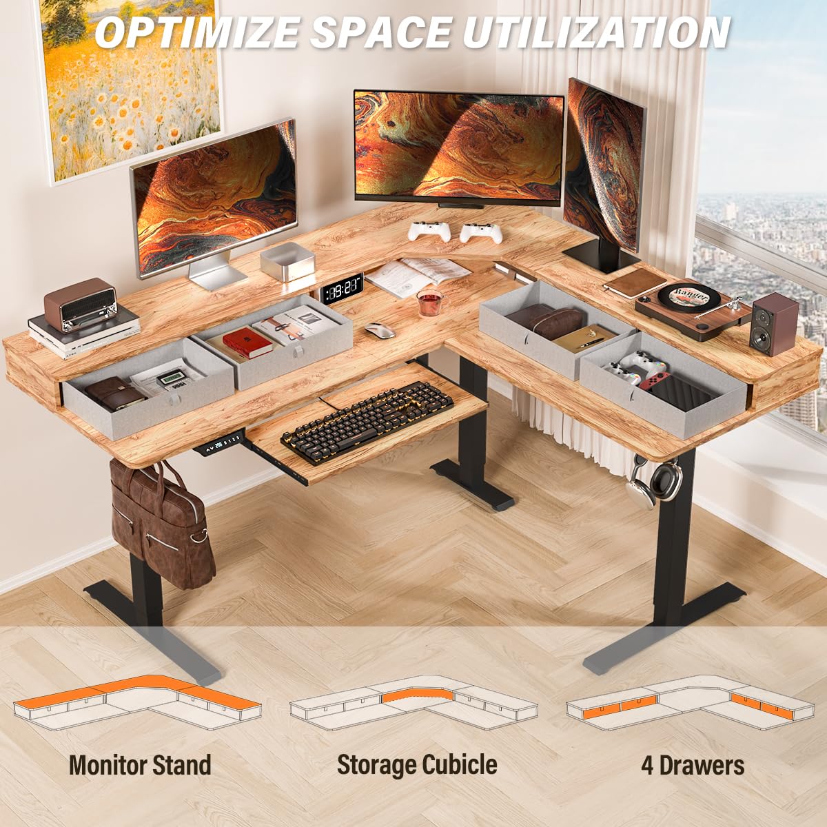 Kingant L-Shaped Standing Desk with Drawers, 63 x 55 Inch Large Adjustable Corner Desk with Charging Station & Keyboard Tray, Electric Sit Stand Up Computer Desk for Home Office(Light Rustic Brown)