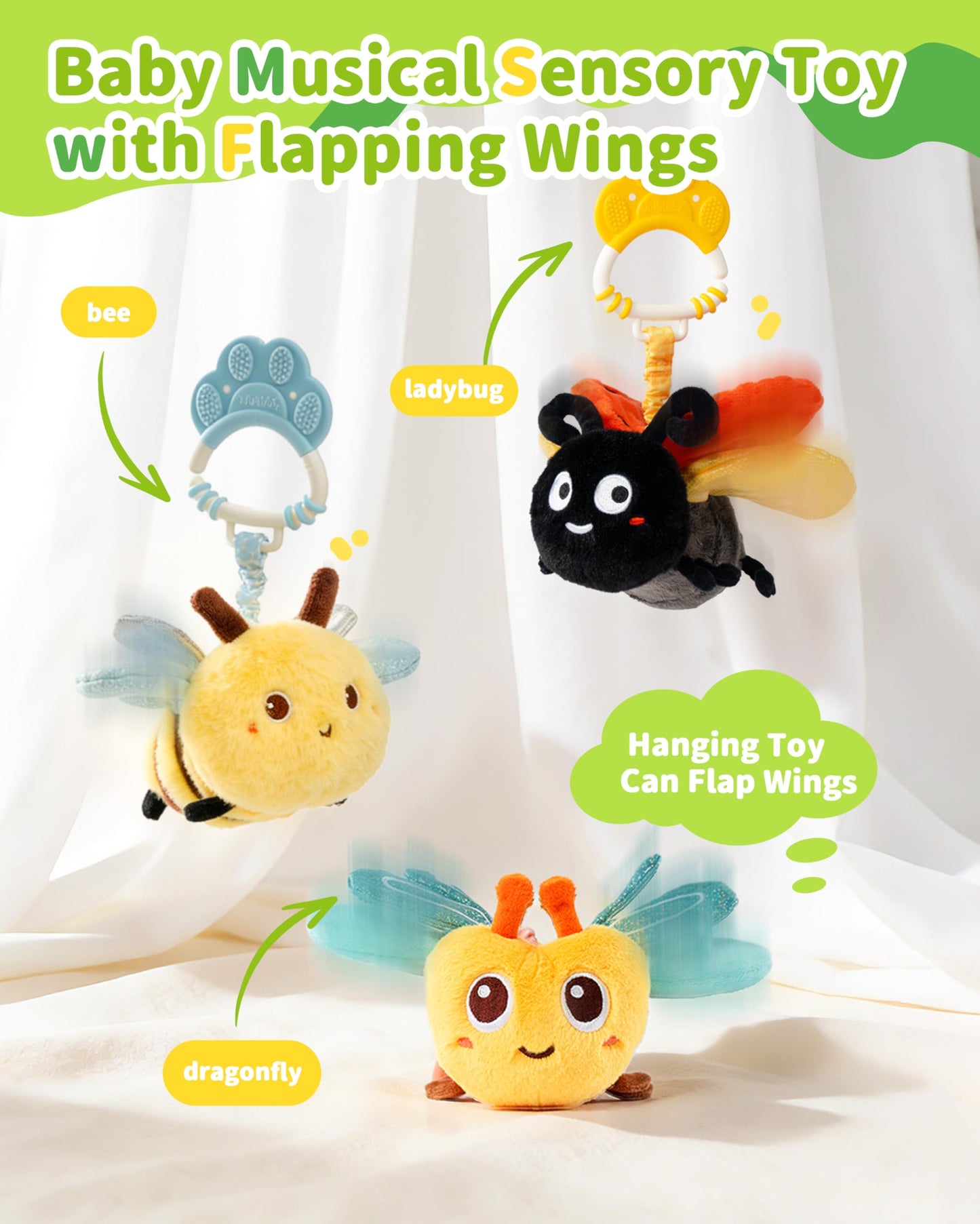 Jollybaby Musical Flying Bee Toy - Car Seat, Stroller, Crib & Play Gym Hanging Toys for Baby 0-6-12-24 Months, Tummy Time Sensory Music Toy for Infant Boys and Girls Gifts
