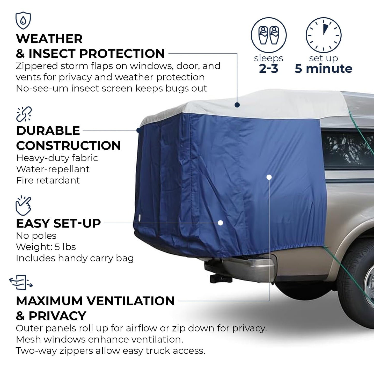 DAC DA2 Full-Size Truck Bed Tent for Caps– Fits Ford F-150, Chevy Silverado, Toyota Tundra, Tacoma (2005+), Tailgate ≥ 58" – Converts Truck with Cap into Camping Tent