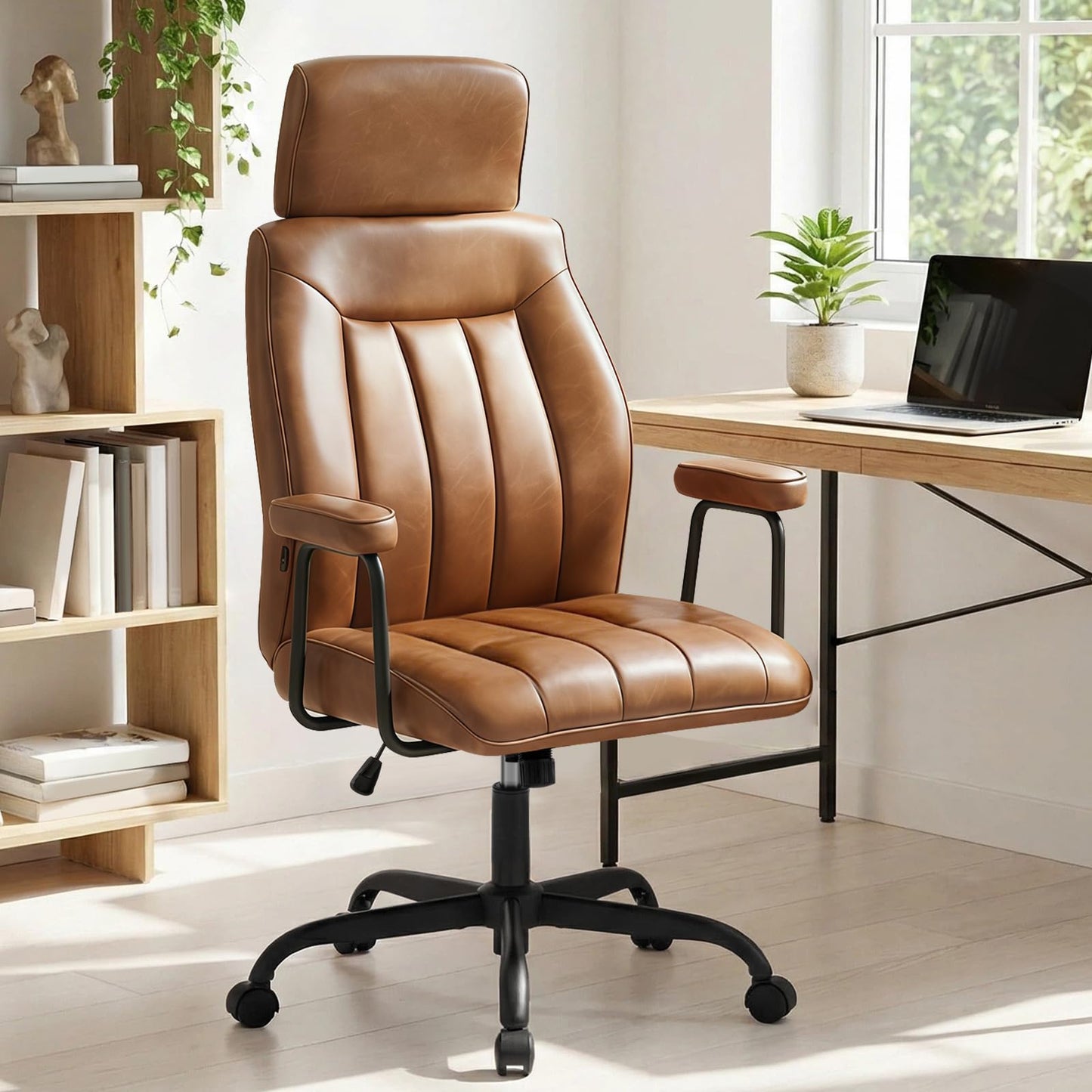 Furniliving Leather Office Chair with Adjustable Headrest, Mid-Century Modern High-Back Office Desk Chair, Ergonomic Computer Chair with Wheels, Armrests, Lumbar Support, Brown