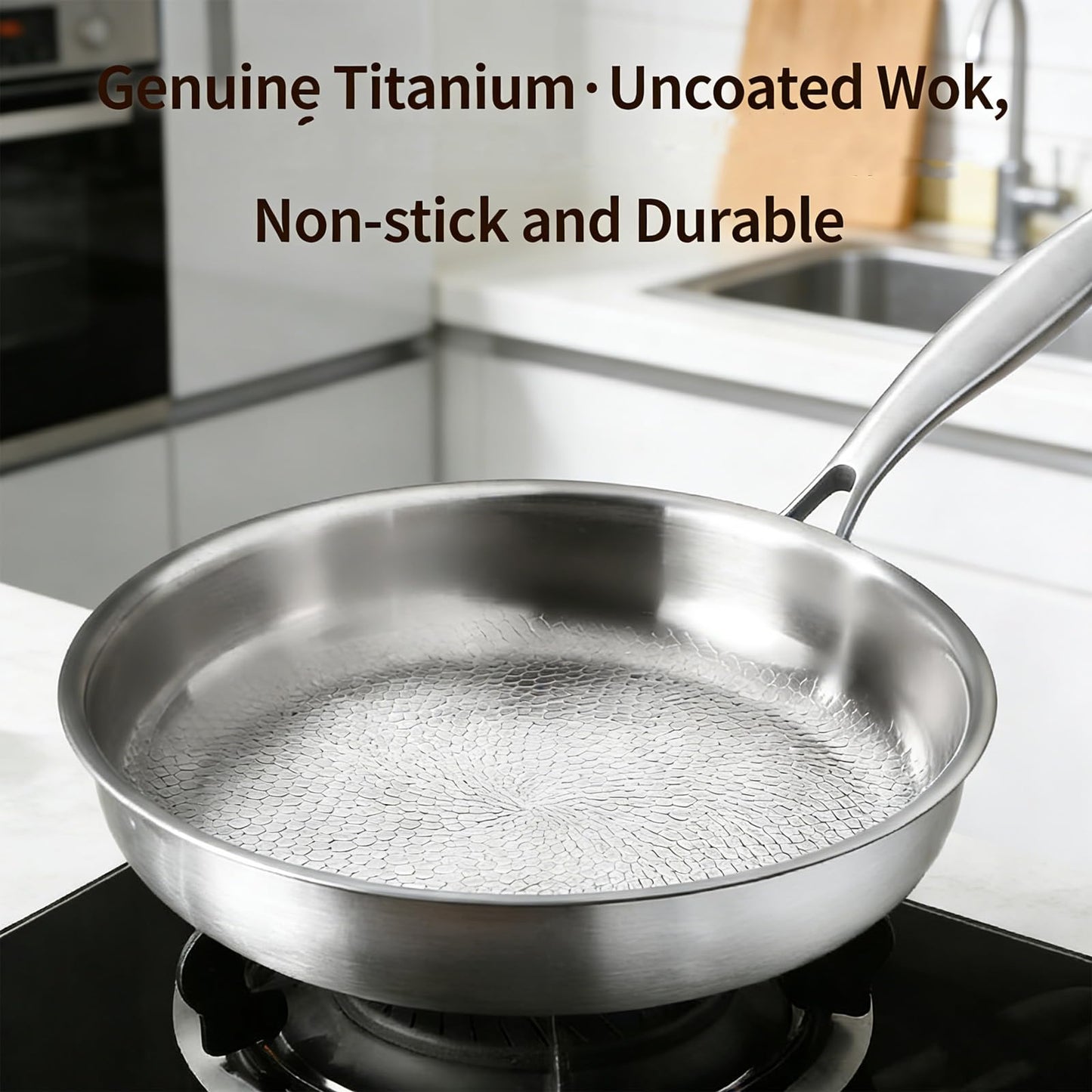 Titanium Pan, Titanium Frying Pan with Lid, Pure Hammered Titanium Pans for cooking, No Coating Nonstick, Lightweight & Scratch Resistant Cookware, Compatible with All Stovetops (No Lid, 11.81in)