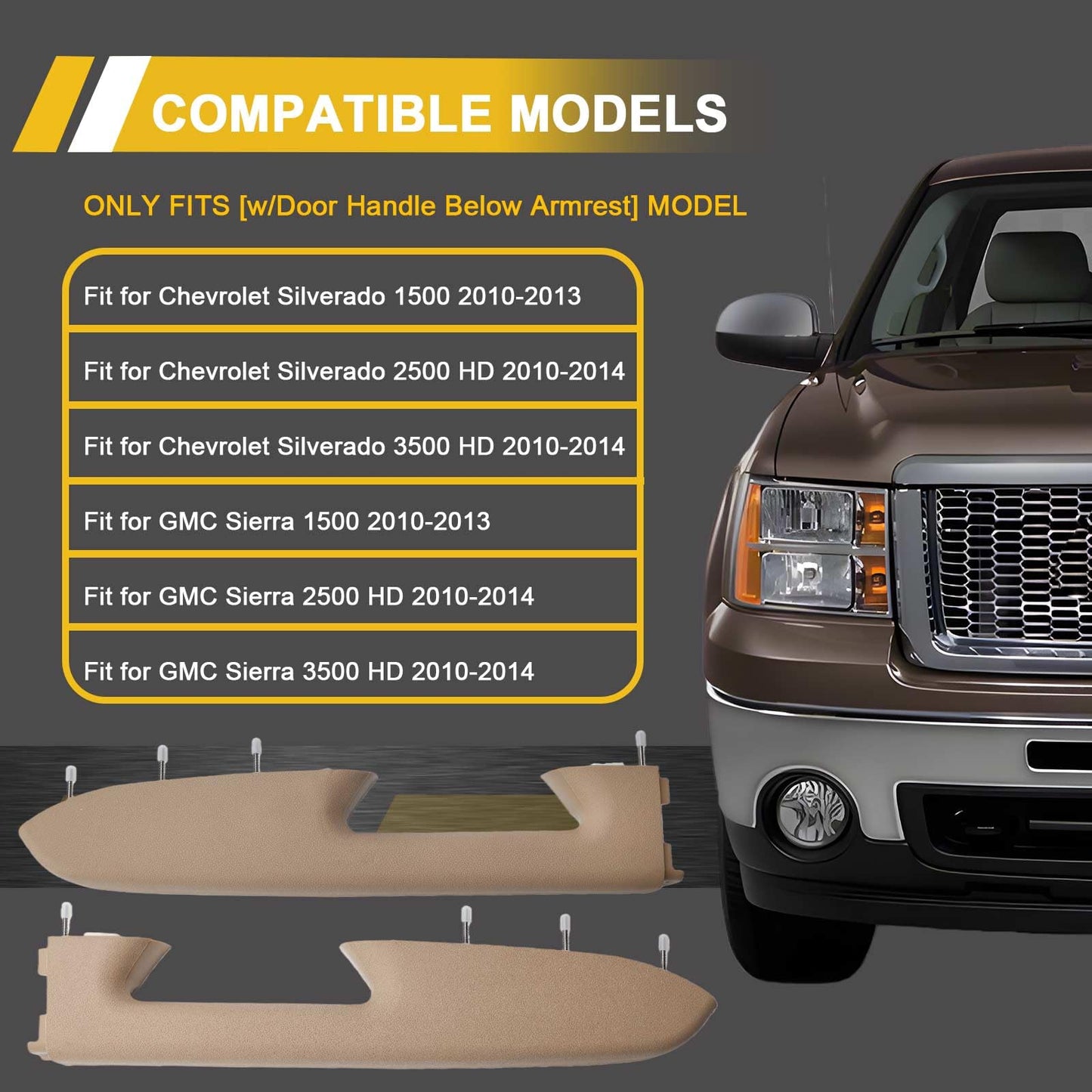 LLYZFED 22818467 22818472 Front Left & Right Armrest Repair Kit Pair Fit for Chevy Silverado/GMC Sierra 1500 2500HD 3500HD 2010–2014 Door Panel Armrest with Handle Below - Color Beige