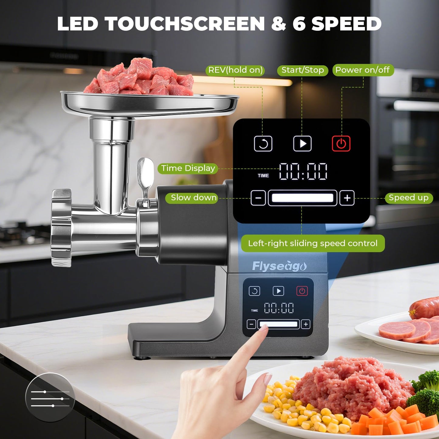 Flyseago Meat Grinder Electric 3200w Digital Touch Control Commercial Heavy Duty Meat Grinder and Sausage Stuffers, Kubbe Kit for Household Use & Commercial