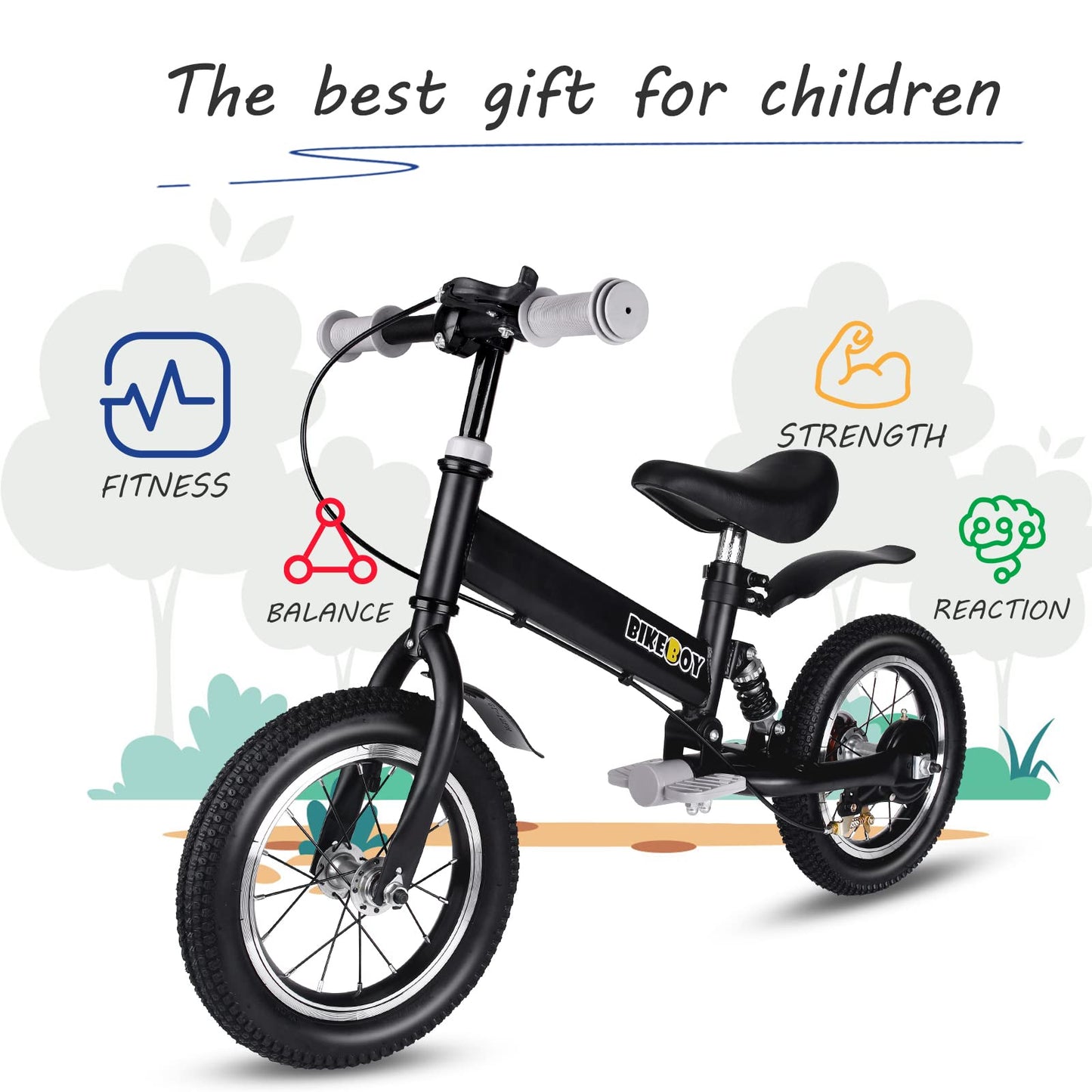 bikeboy Balance Bike 14 Inches, Dual Use Kids Bike for 2-6 Years Old, Shock Absorbers, Fenders, Pedals, Auxiliary Wheels, Black