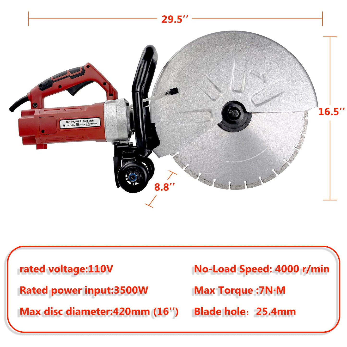 JKCHENPRO 3500W Electric Concrete Saw - 16" Cut-Off Saw with Diamond Blade, 6.1" Max Cutting Depth, 110V Power for Asphalt & Masonry