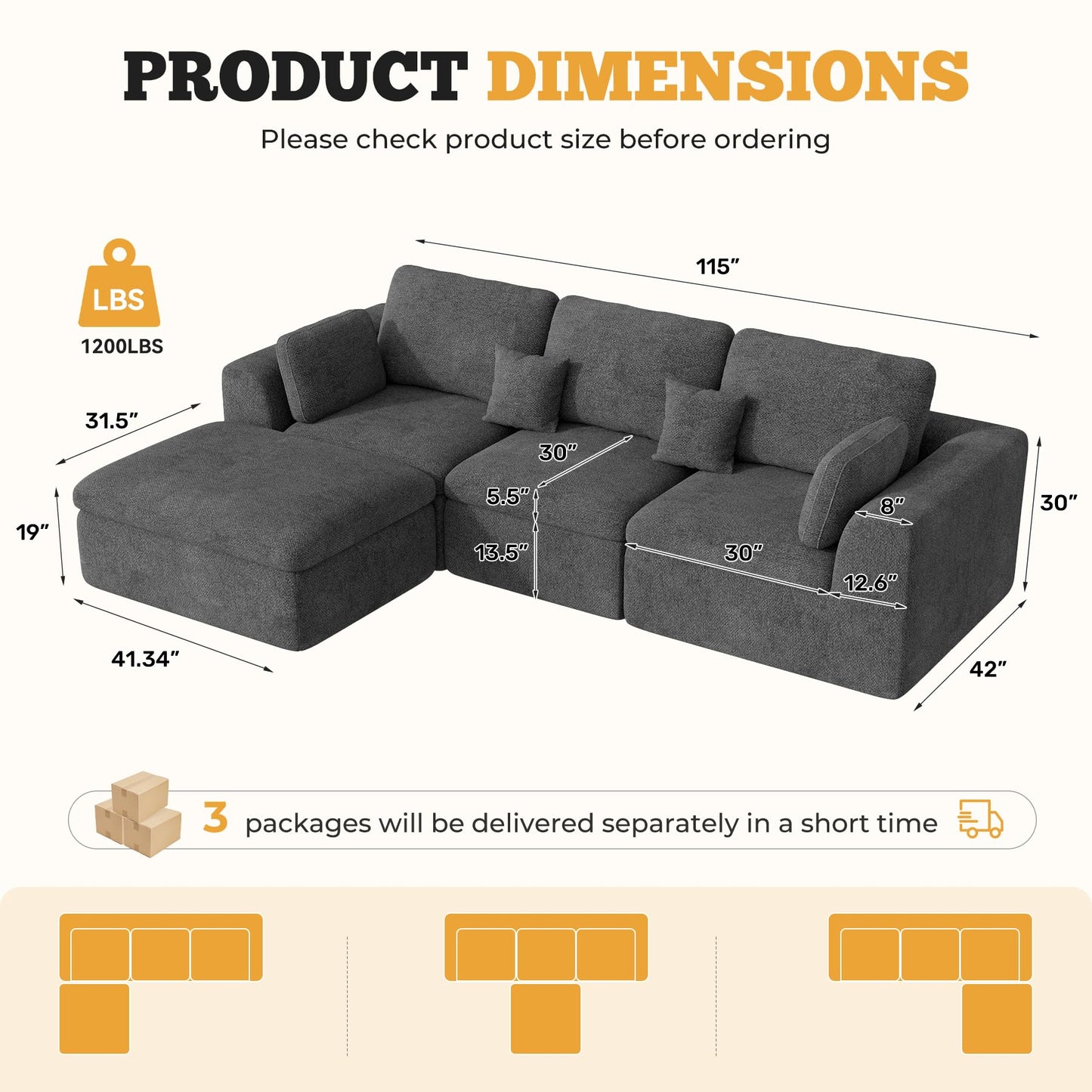 Luxanimarion 115" Cloud Boneless Sectional Couch, Deep Seat L Shaped Modular Couch with Ottoman, Oversized Upholstered Convertible 4 Seater Modular Sofa for Living Room,Black Chenille