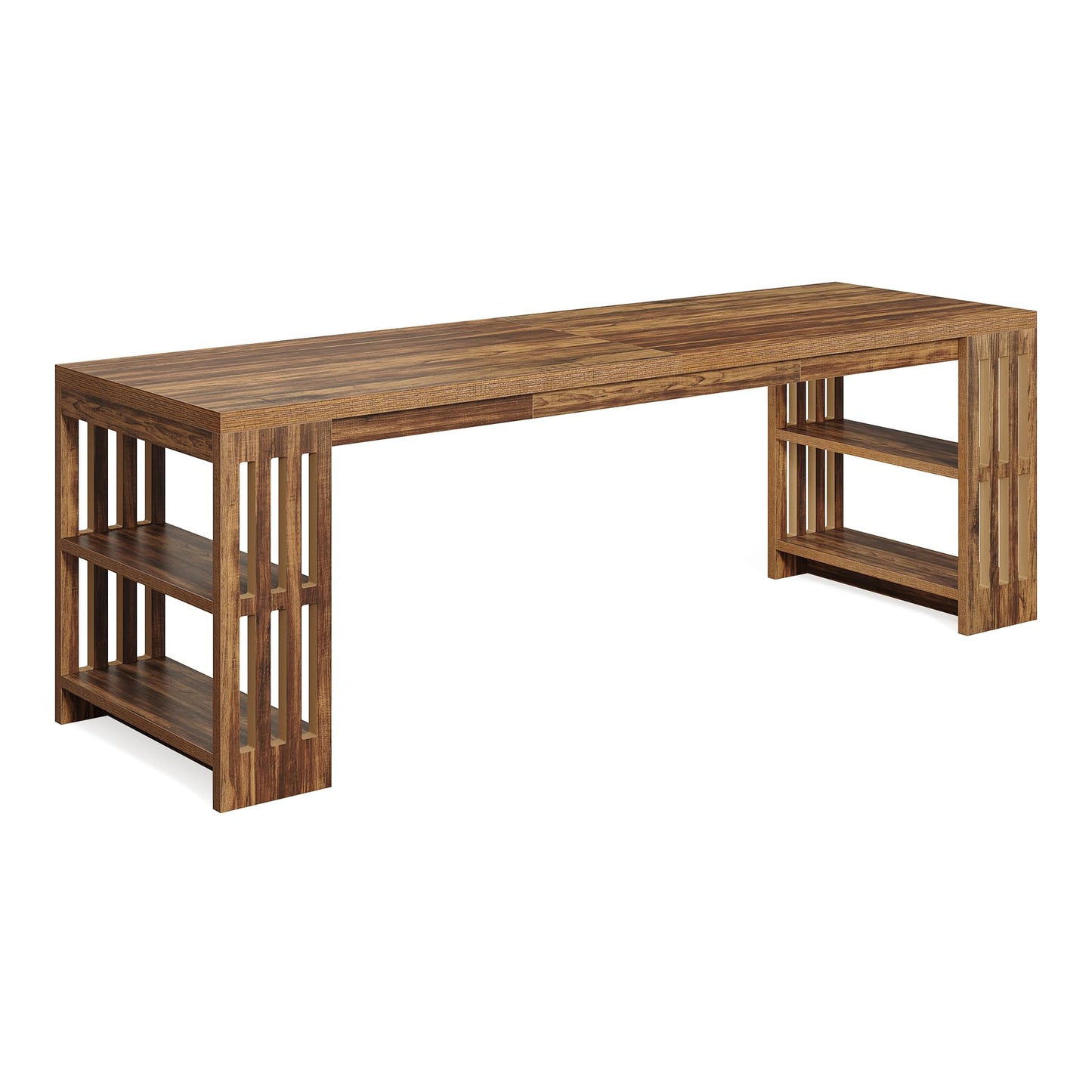 LITTLE TREE 78.7" Long Desk, 2 Person Desk with Shelves, Large Wooden Computer Desk, Heavy Duty Shelf Legs Design for Two Person Home Office, Business, Workstation, Brown (78.7" W x 23.6" D)