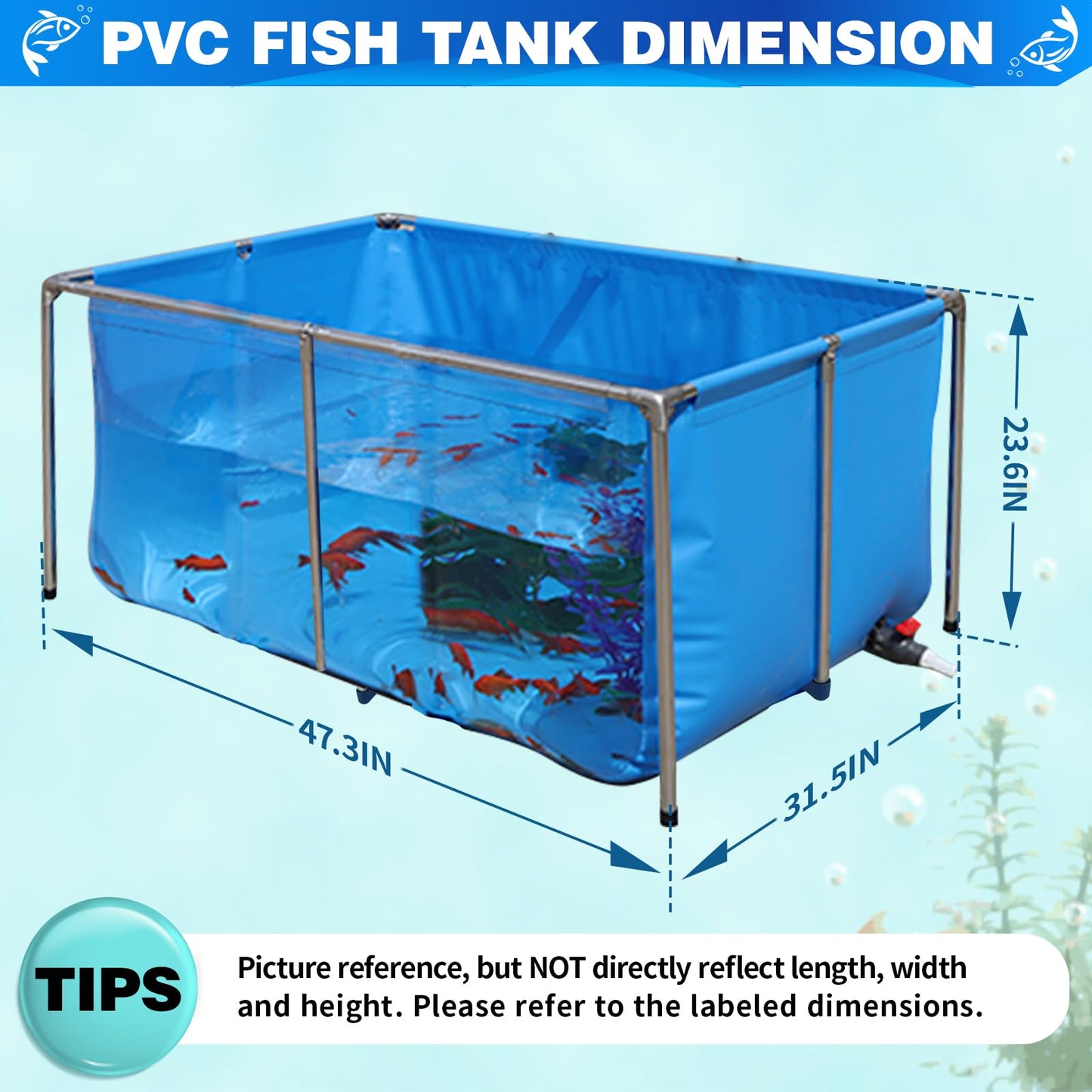 PVC KOI Aquarium Tank, Temporary Fish Tank with Clear Viewing Panel, KOI/Goldfish Pond with 304SS Frame & Drain Valve(47.3" L*31.5" W*23.6" H, About 135Gal Water Capacity)