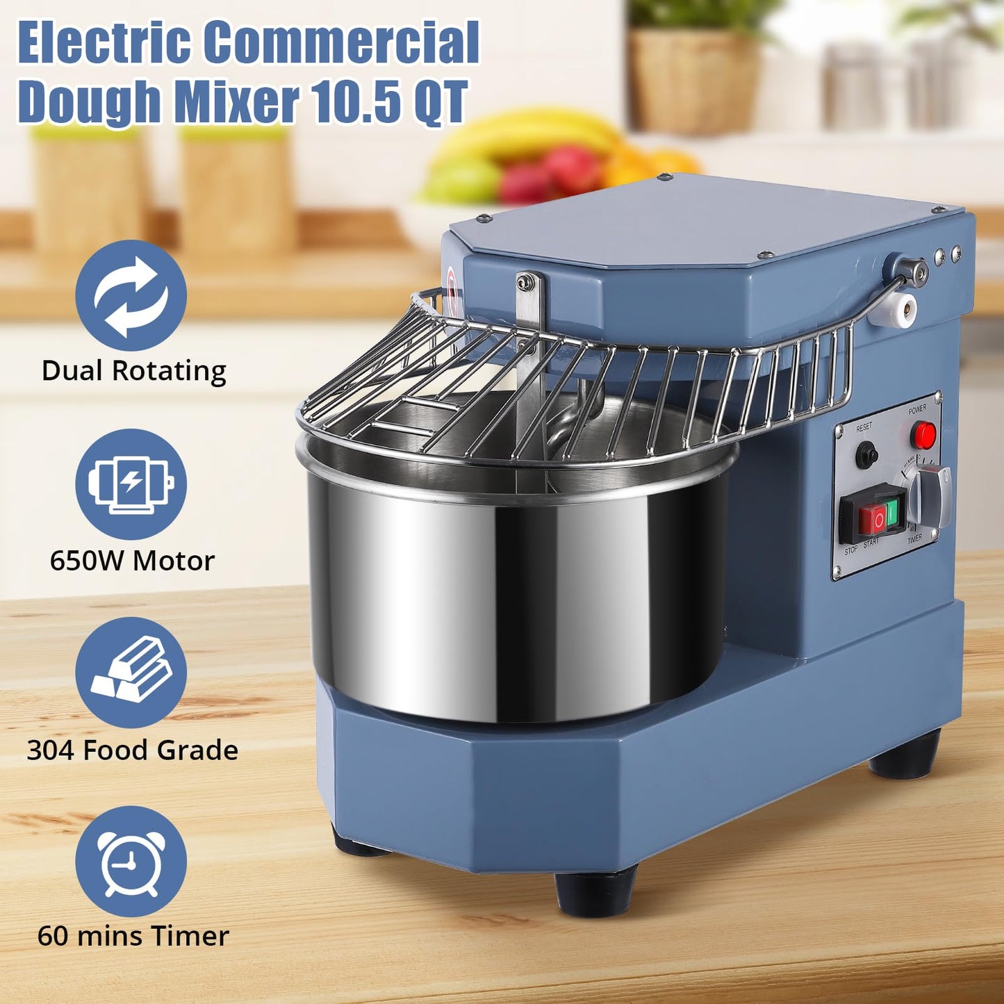 Commercial Dough Mixer 10.5Qt, 650W Dual Rotating Dough Kneading Machine with Stainless Steel Bowl, Security Shield & Timer, Heavy-Duty Commercial Stand Mixer for Bakeries Pizzeria