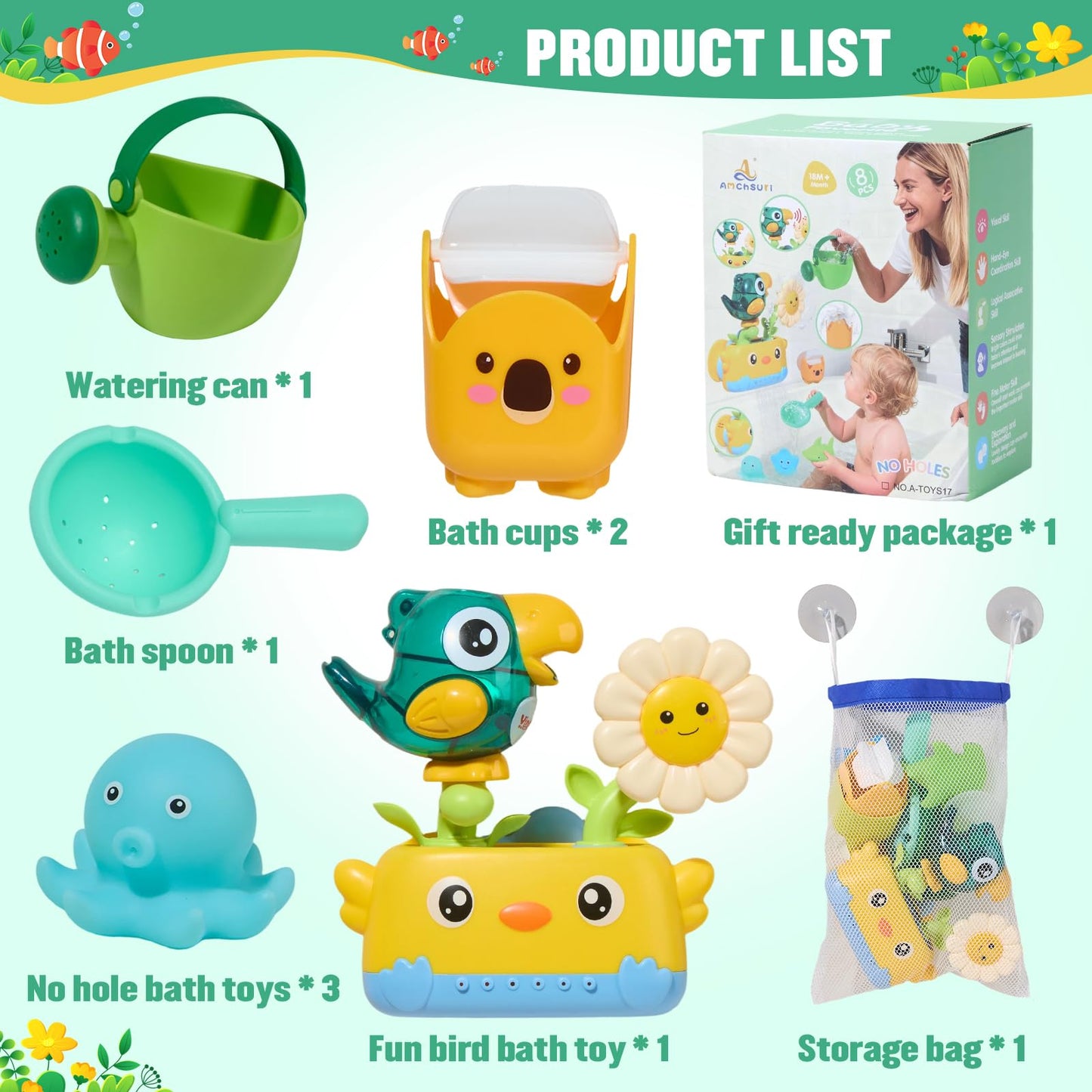 Baby Bath Toys for Kids Ages 1-3 | Fun & Easy Grip Mold Free Bath Toys Toddler 2-4 | Bath Cups Spoon Watering Can for Baby 12-18 Months | Toddler Bath Tub Pool Water Toys for 1+ Year Old Boys Gift