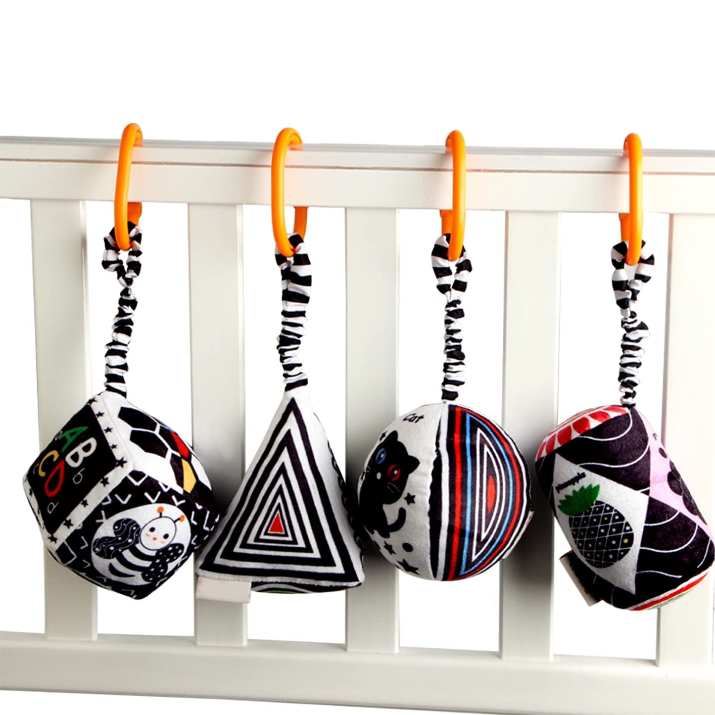 KAKIBLIN Baby Hanging Rattle Toys, 4 Pack Black and White Car Seat Baby Toys Soft Squeaky Stroller Toy for Babies Montessori Sensory Toy 0-12 Months for Newborn Infant, White and Black
