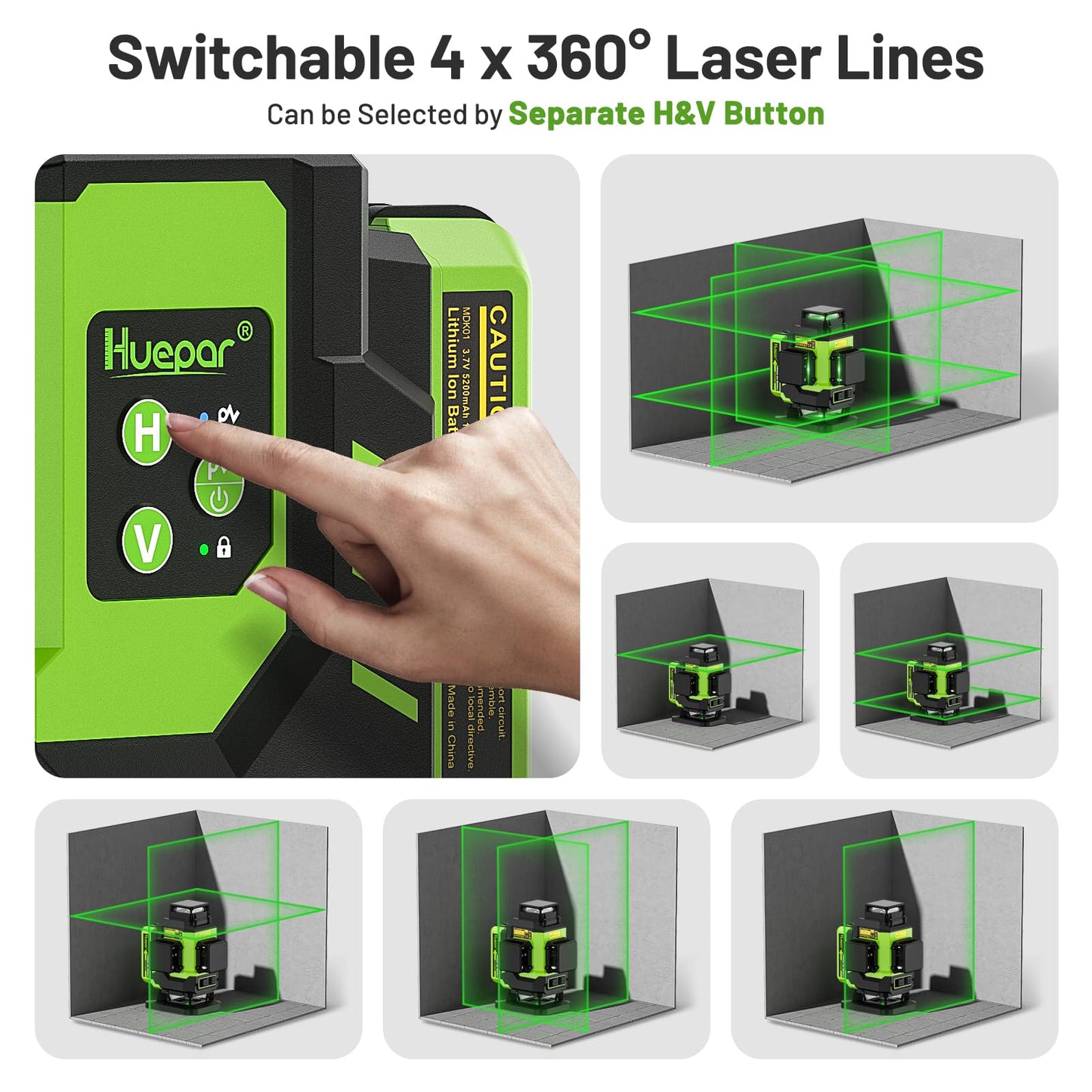 Huepar Laser Level, Self-leveling 16 Lines Green Beam 4D Cross Line Tiling Floor Laser Tool-2 x 360 Horizontal & 2 x 360 Vertical Laser Lines with Two Li-ion Batteries and Hard Carry Case-LS04CG