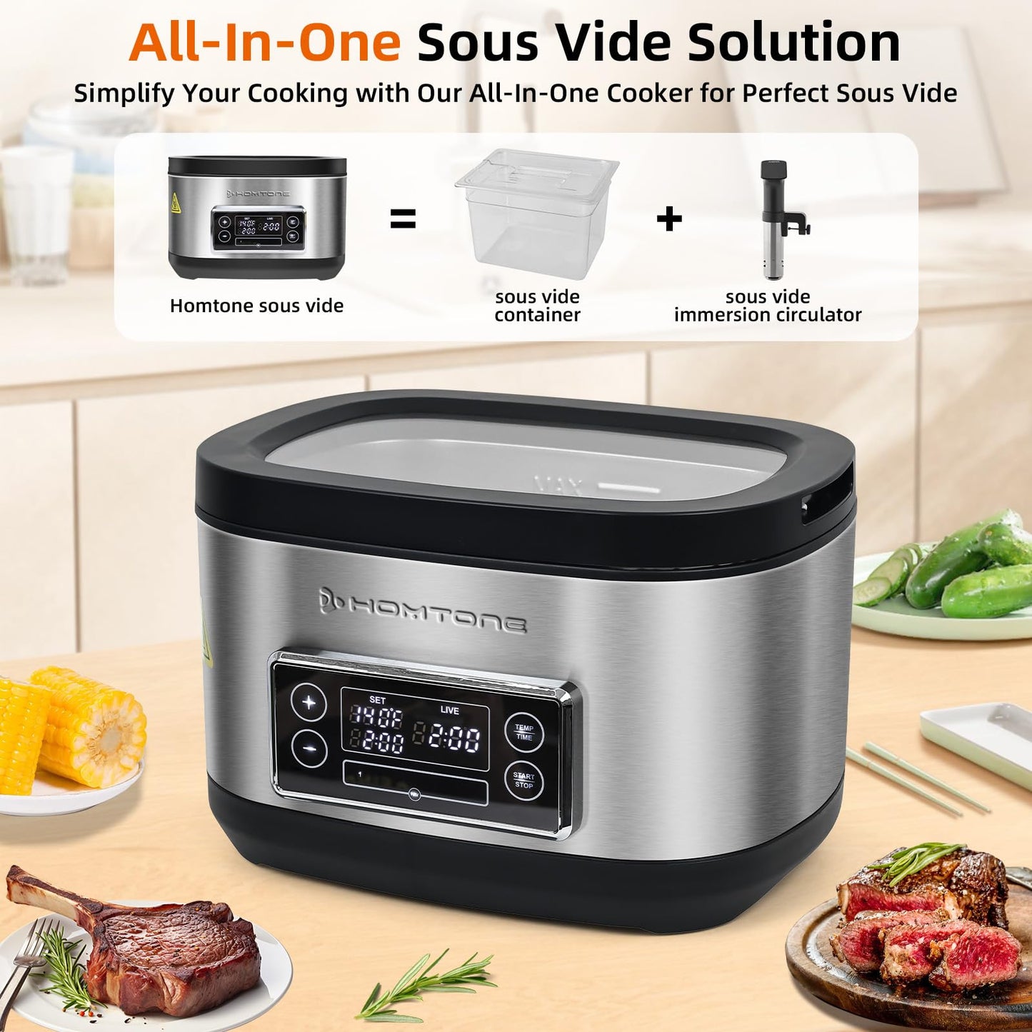 Homtone 8 Quart Sous Vide, Temperature Control Sous Vide Cooker with Timer, Stainless Steel Sousvide for Steak/Seafood/Vegetables, Suveed Cooking Machine Precision Steak Cooker with Vacuum Bags