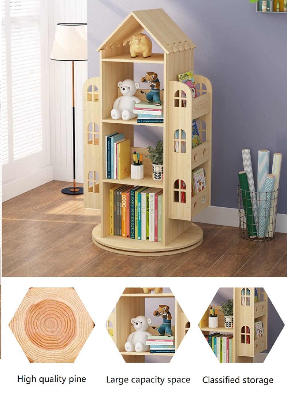 Heehee Rotating Bookshelf 360 Display Floor Standing Bookcase Storage Rack Children's Bookshelf, Wood Book Shelf Organizer Stand for Kids, Storage Book Display Case Bookrack
