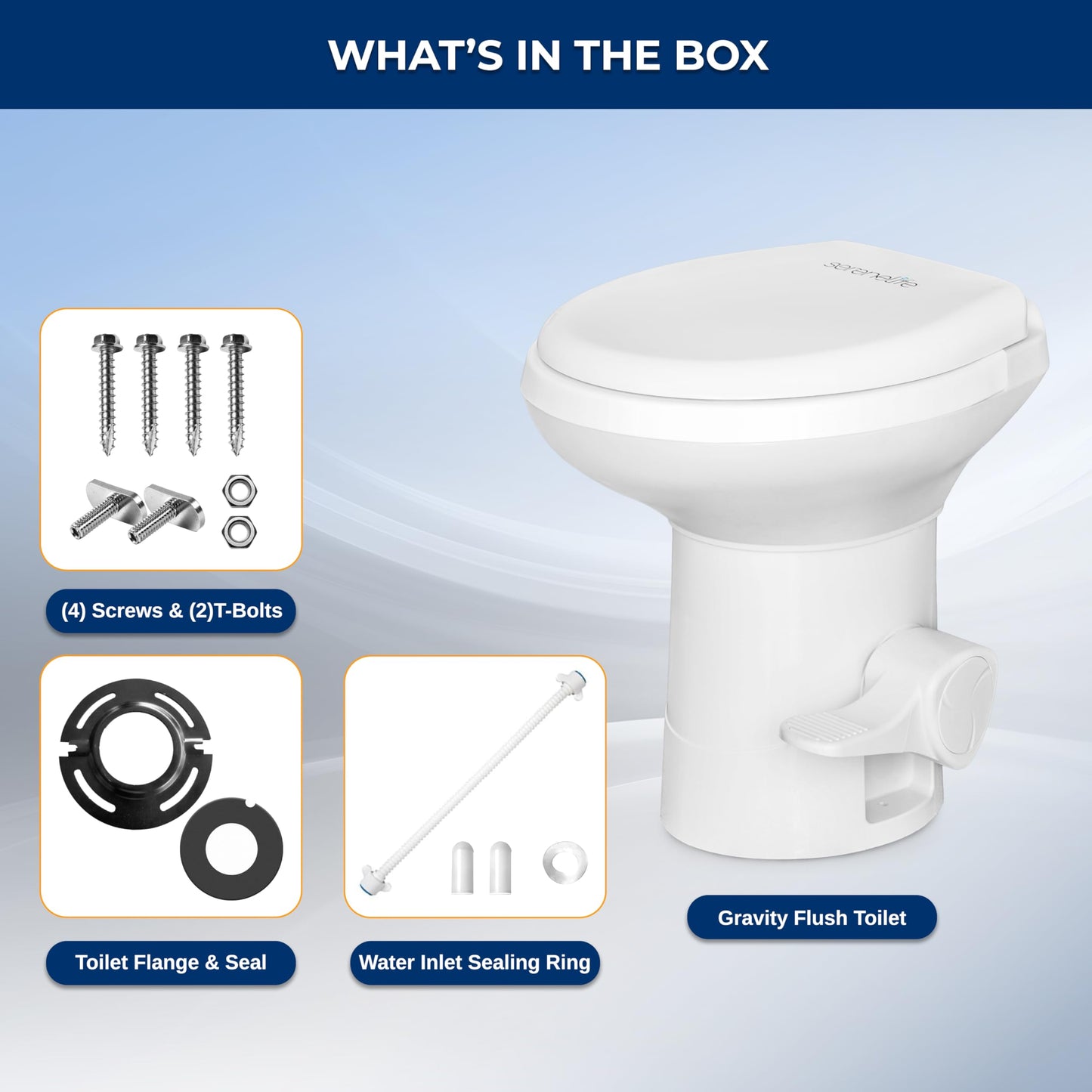 SereneLife Camper/RV Toilet – Easy Flush with Foot Pedal, Hand Sprayer, Soft-Close Seat, Leak-Proof Bowl, Odor-Free, Includes Accessories, Quick Install for RVs, Trailers, Boats & Marine Use