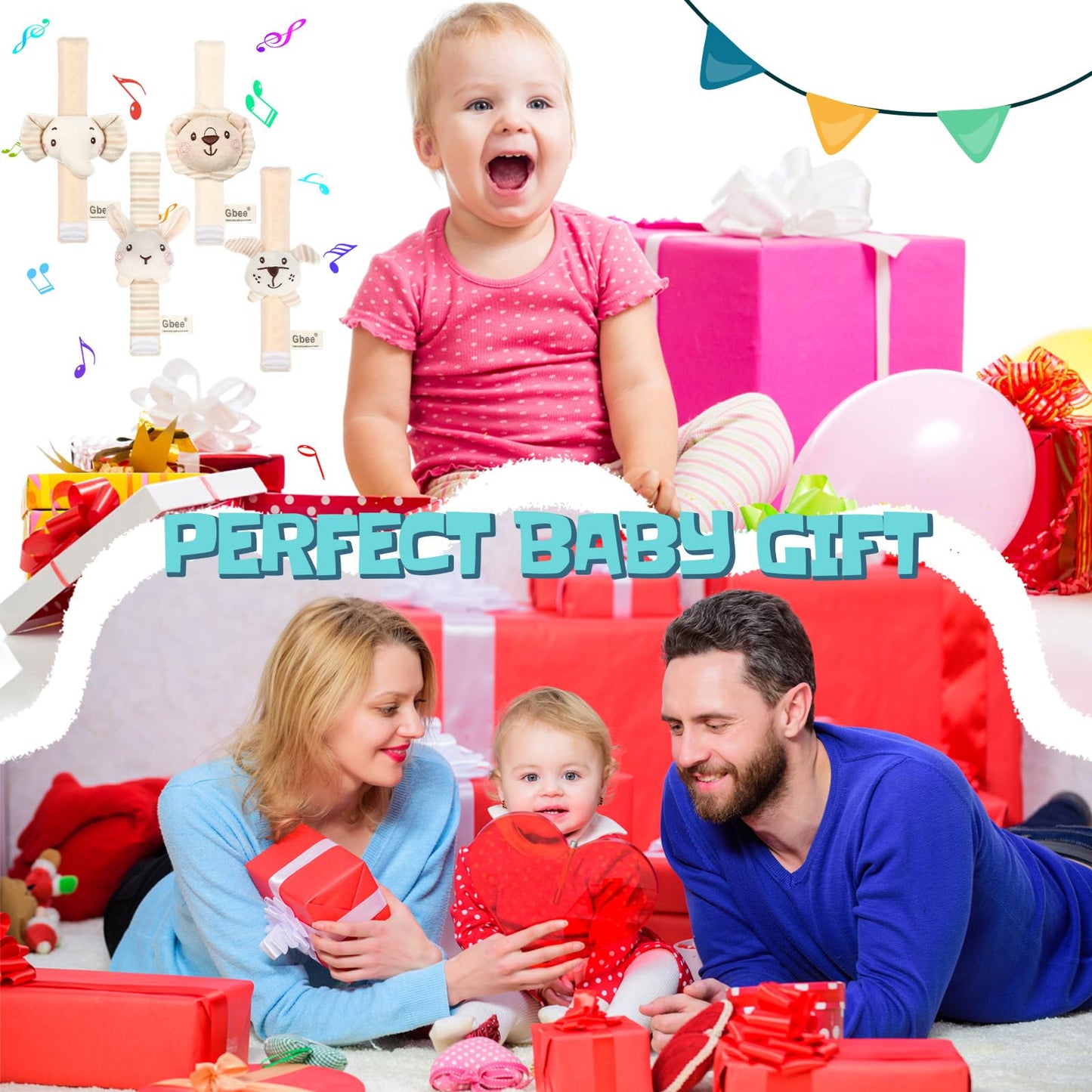 Wovnet 4 Pieces Baby Wrist Rattles Animal Pattern Newborn Rattle Foot Rattles Toy for Babies Boy Girl Infant Birthday Gifts Educational Toys, 4 Designs (Rabbit Dog Lion Elephant)