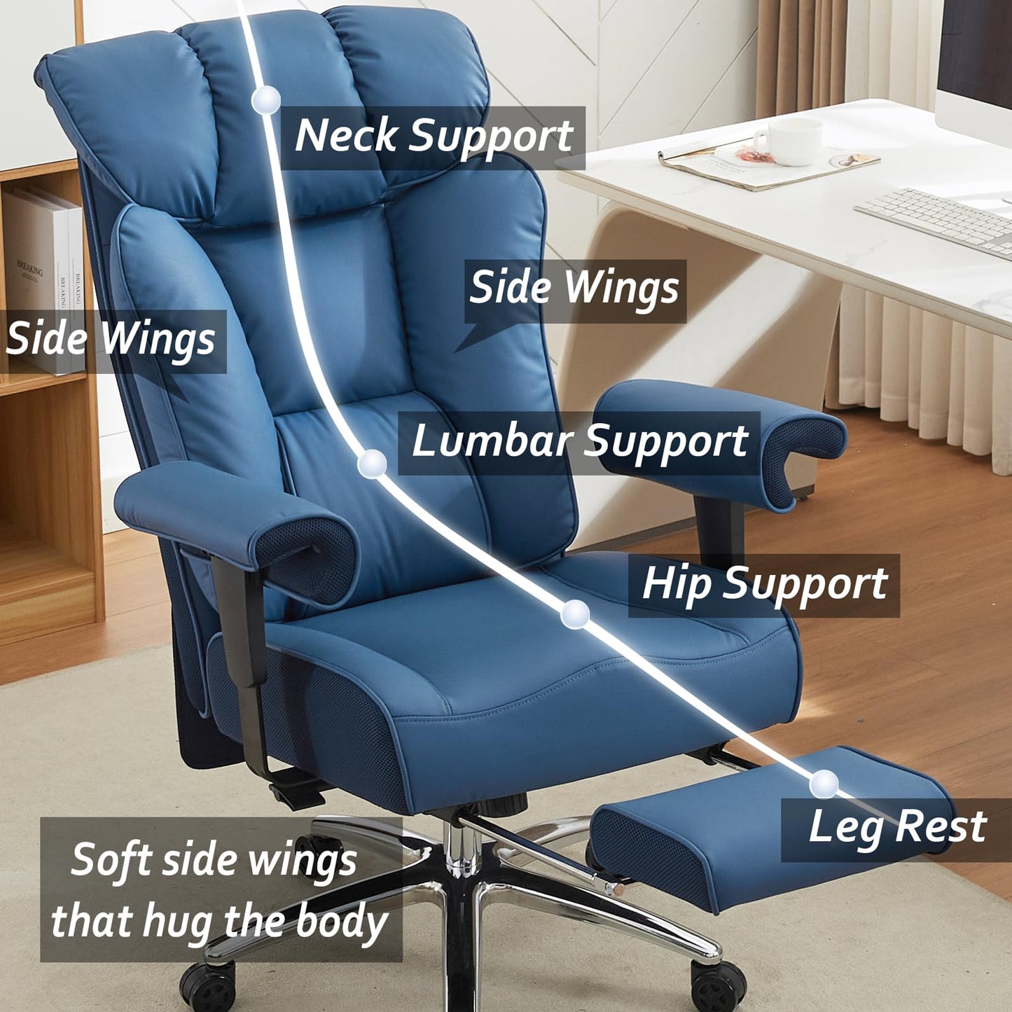 Efomao Big and Tall Office Chair 400lbs - Heavy Duty Executive Desk Chair with Foot Rest & 23" Wide Seat - High Back Ergonomic Leather Computer Chair for Heavy People, Home Office, Blue