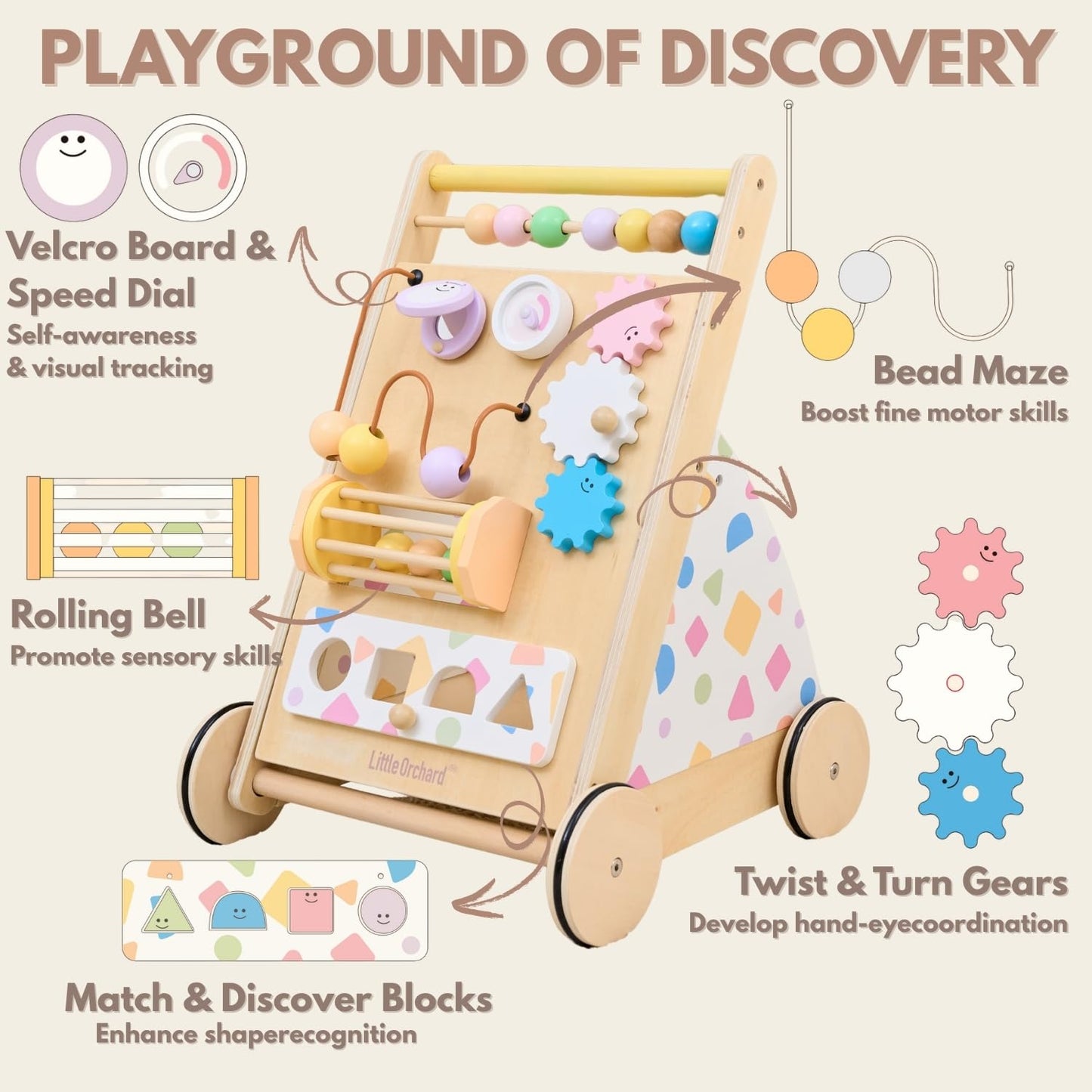 Little Orchard Baby Wooden Baby Walker with Upgraded Adjustable Speed Control, Montessori Activity Push Walker with Wheels, Baby Walker Toy for Toddlers, Gift for Boys & Girls 1 Year Old