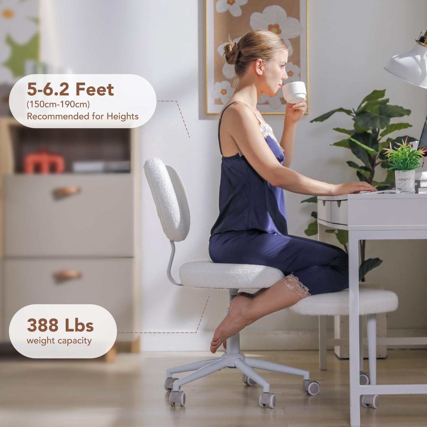 Ergonomic Cross Legged Chair with Wheels,360° Swivel Meditation Chair,ADHD Chair, Criss Cross Desk Chair with Lumbar Support and Adjustable Stool, Flexible Design for Fidgety Sitters, Ivory