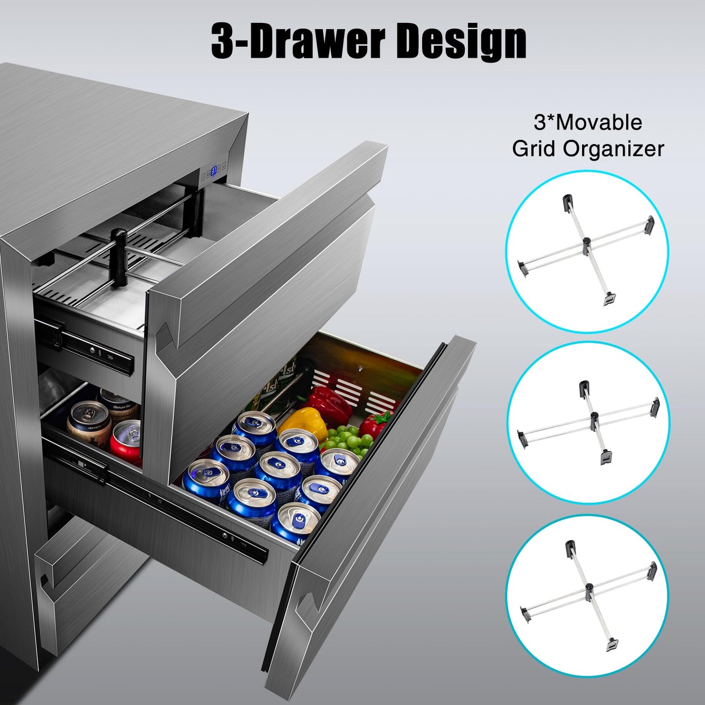 Velieta 24 Inch Upgraded Three-Drawer Beverage Fridge, Weather Proof Outdoor Stainless Steel Beverage Refrigerator, Under Counter Built-in Beverage Cooler for Home & Commercial Use