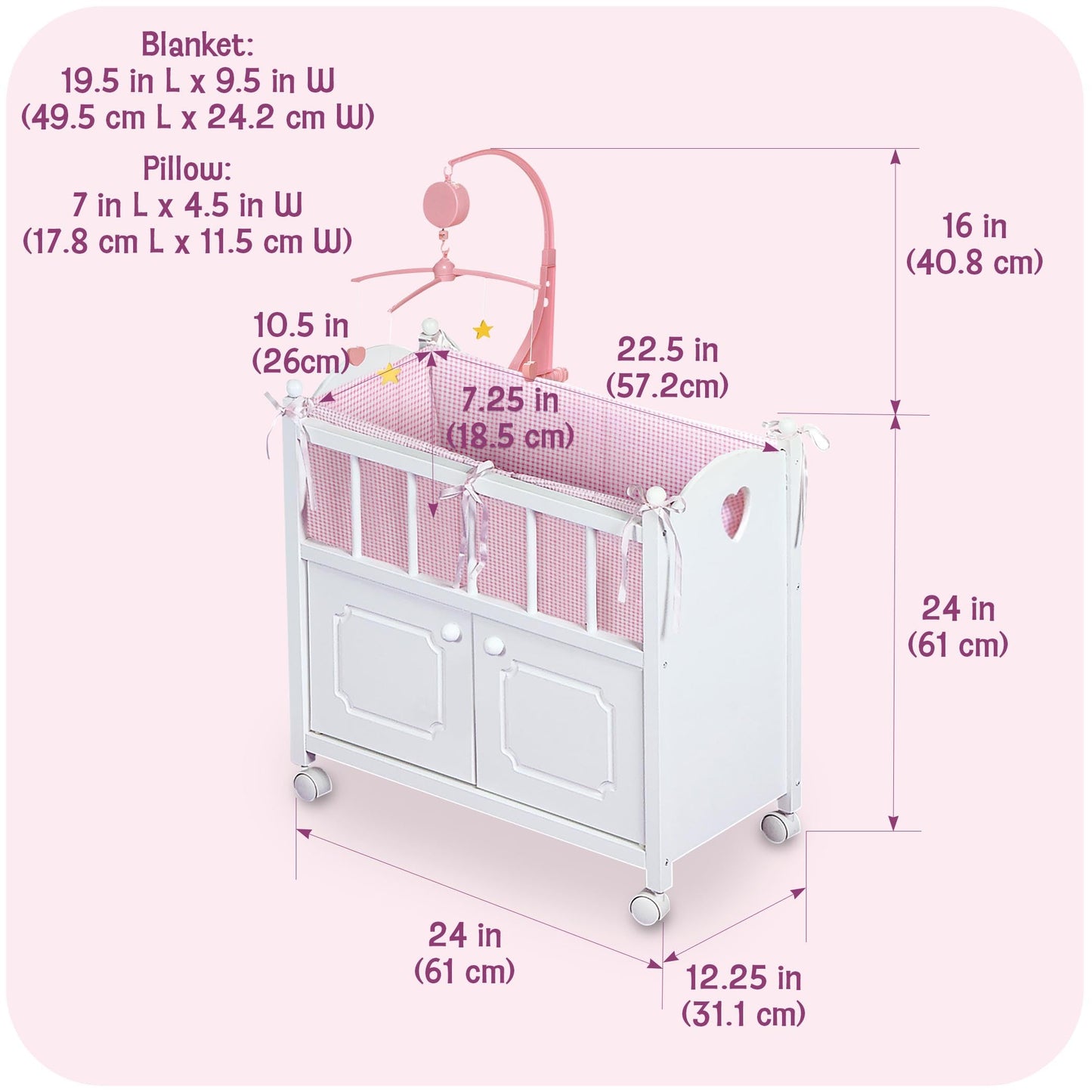 Badger Basket Wooden Toy Doll Bed with Storage, Mobile, and Bedding to Pretend and Play - Includes Wheels and Free Personalization Kit - White with Pink Gingham Fabric