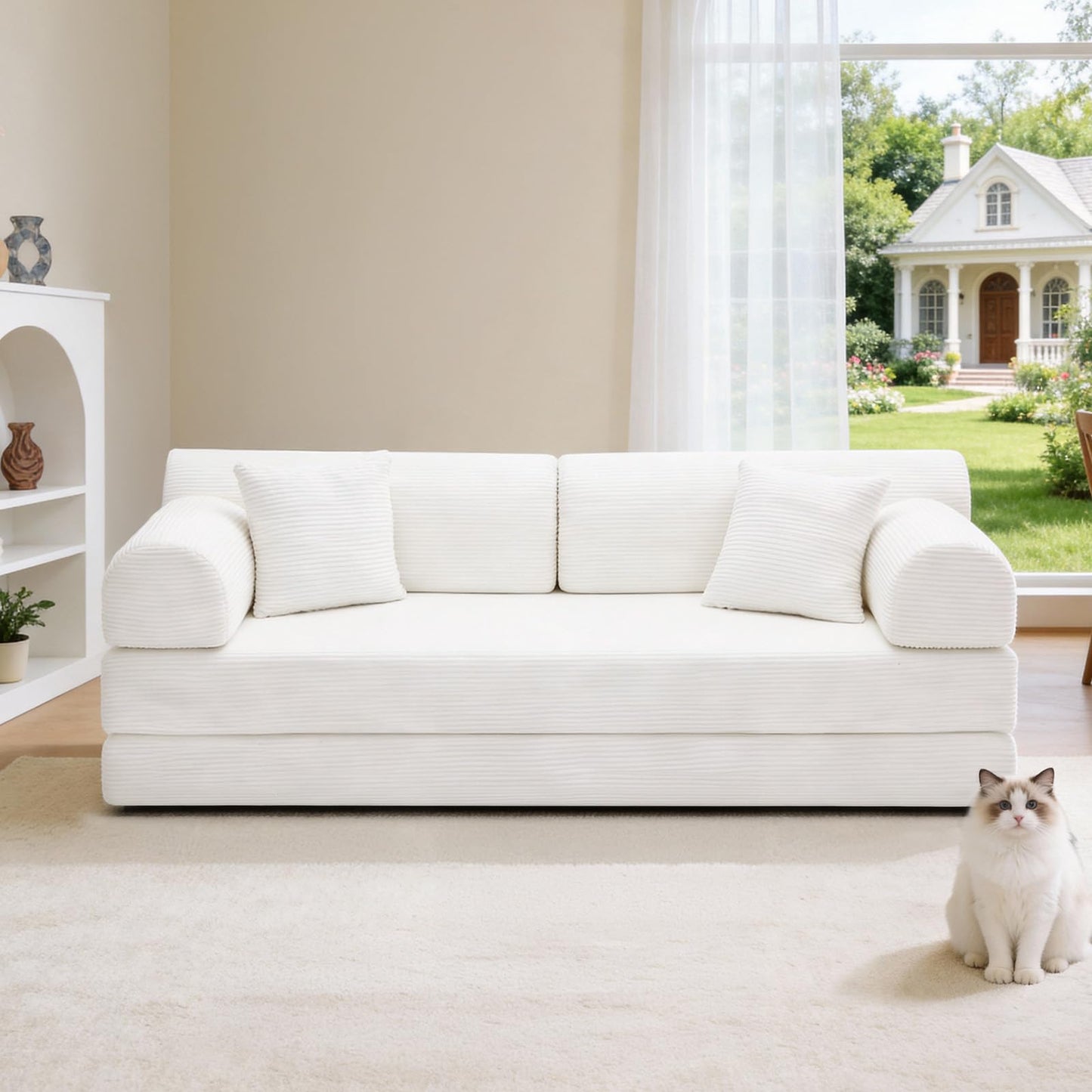 KEIKI Convertible Sleeper Sofa Bed Folding Lounge Design with Cylindrical Pillow, Corduroy Upholstered Mattress Couch, Fixed Shape Frame for Living Room Bedroom Relaxing and Resting Use