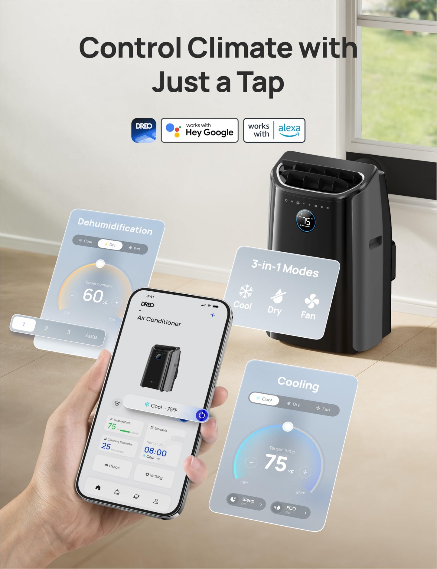 DREO Portable Air Conditioners, 8000 BTU (DOE) AC Unit for Bedroom with Drainage-free Cooling, 3-in-1 with Fan & Dehumidifier, Touch/APP/Voice/Remote, 24h Timer, Smart Floor AC for Room Indoors