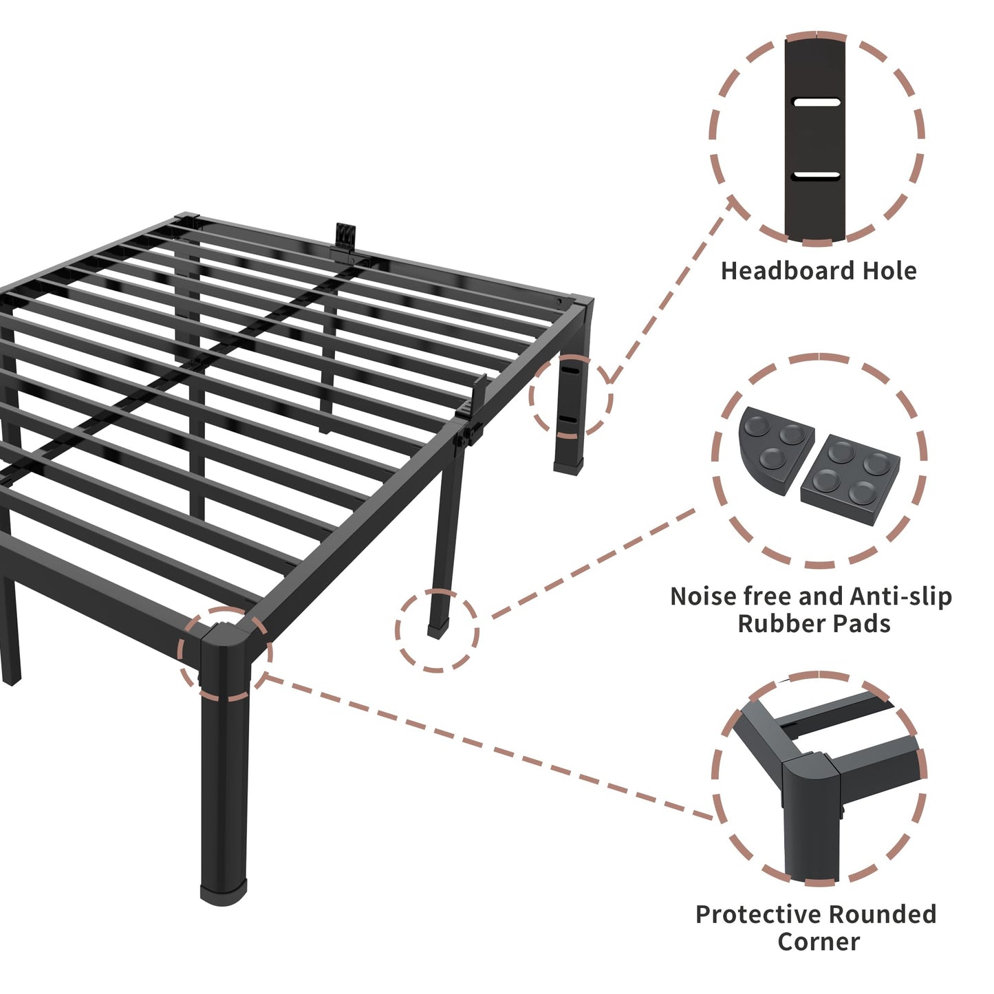 ROIL 18 Inch King Bed Frame with Rounded Corner and Headboard Hole Mattress Retainers 3500LBS Metal Heavy Duty Steel Slats No Box Spring Needed Platform Noise-Free Easy Assembly