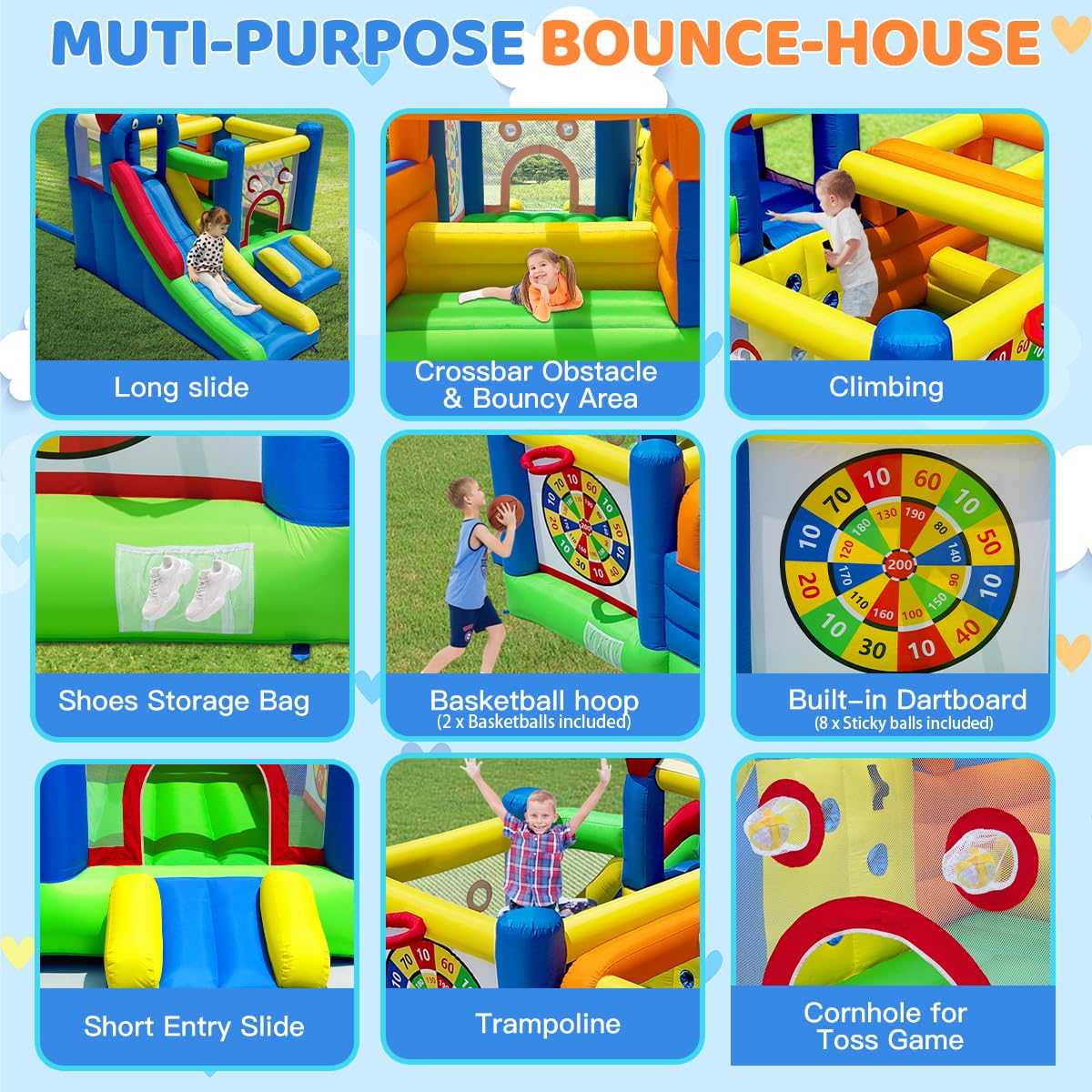 HuaKastro Bounce House - Inflatable Playground with Crossbar Obstacle on Large Bouncy Area, 1x Tall & 1x Small Slide, Giant Dart Board, Climbing Wall - for Indoor Outdoor Kids Party Family Gatherings