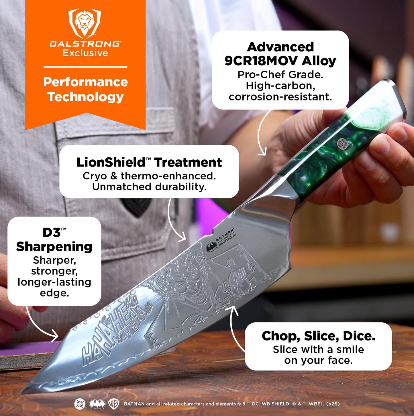 Dalstrong Professional Chef Knife - 8" - THE JOKER Edition Official License - 5 Layer 9CR18MOV Stainless Steel - Resin Handle - Knife Guard
