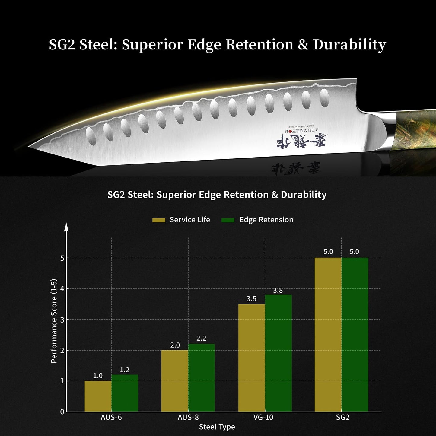 Japanese Chef Knife with SG2 Powder Steel, 8 Inch Professional Kitchen Knives, Handcrafted Kiritsuke Knife with Unique Jade Green Ergonomic Handle, Superior Edge Retention & Exceptional Durability