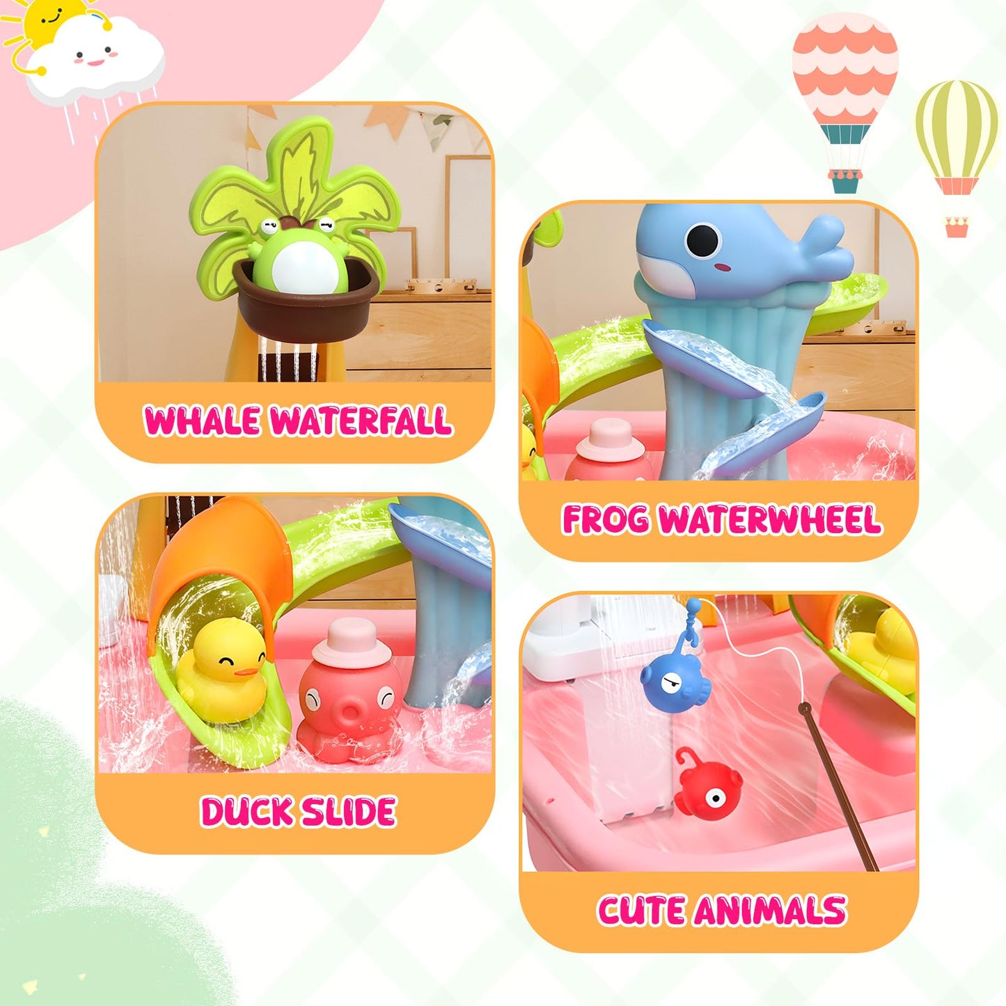 Water Play Table for Toddlers 1-3, Kids Play Sink with Electric Faucet, Outdoor Water Table with Fishing Game, Summer Baby Water Sensory Toy for Toddlers 1-3 Years(Pink)