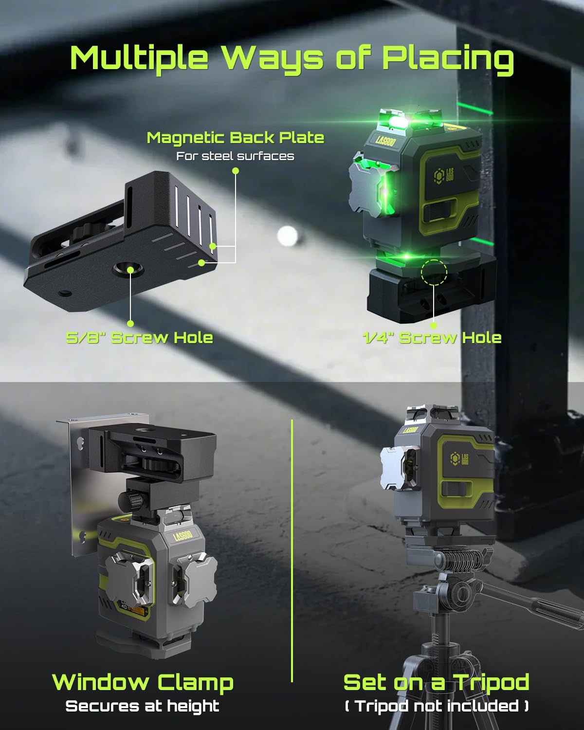 LasGoo LG-4D 16 Green Beam 4x360° Laser Level, Self-Leveling Tool with Horizontal and Vertical Dual Layout, Ideal for Construction and Picture Hanging, Magnetic Pivot Bracket Included
