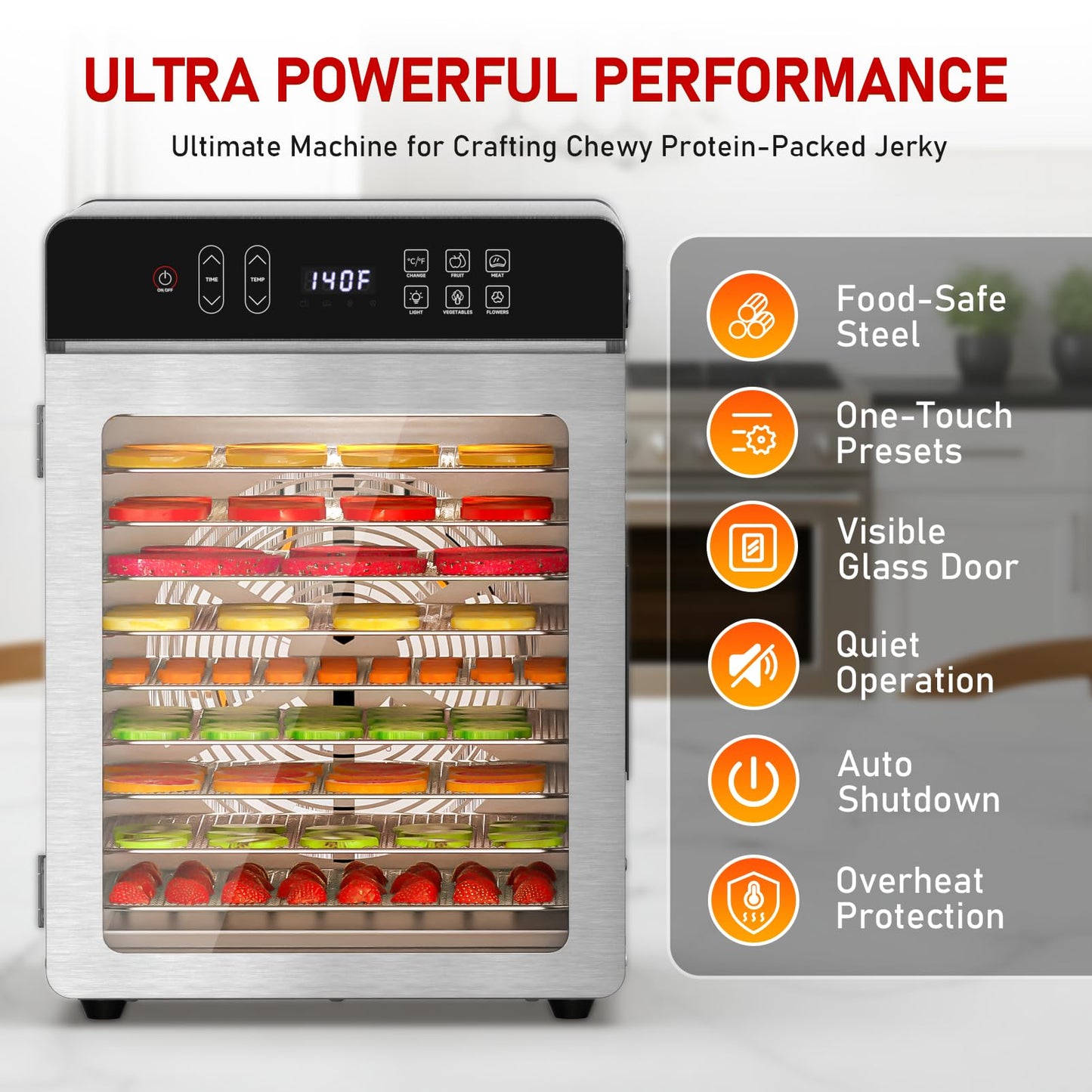 Food Dehydrator with 10 Stainless Steel Trays, 800W Dehydrator with 194℉ Temperature Control & 24H Digital Timer, Low Noise, 4 Presets, for Jerky, Herbs, Yogurt, Dog Treats