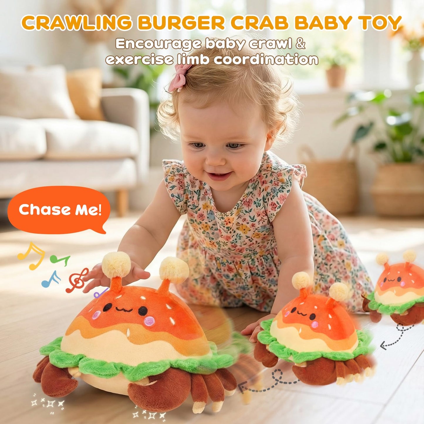 JoyCat Baby Toys 0-18 Months, Musical Crawling Crab Plush Toy - 38 Songs & Recording Feature, Bouncing Tummy Time Toy, Sensory Toys with Crinkle & Textures for Newborn Boys Girl Shower Gifts