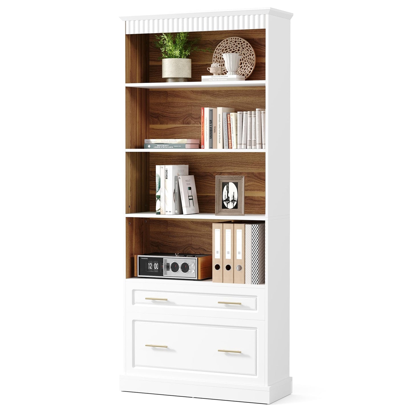 LITTLE TREE 72-Inch Tall White Bookcase, 5-Tier Wooden Open Display Bookshelf with 2 Drawers fits Letter, Legal, A4 Size, Modern Floor Standing Storage Organizer for Home Office & Living Room,Bedroom