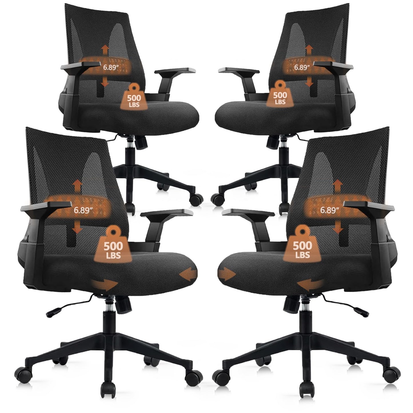 CLATINA 500lbs Big and Tall Office Chair Heavy Duty Mesh Ergonomic Computer Chairs with Adjustable Lumbar Support and Wide Comfy Seat for Home Office Conference Heavy People, Black, 4 Pack