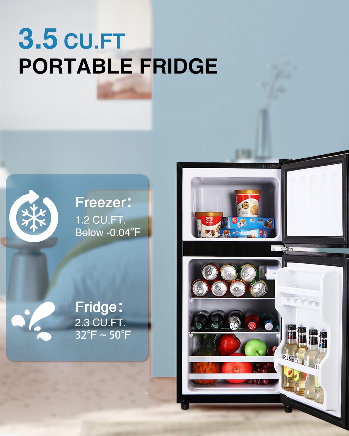 Iorbur 3.5Cu.Ft Compact Refrigerator, Small Refrigerator with freezer, Retro Fridge with Dual Door, 7 Level Adjustable Thermostat for Garage, Dorm,Bedroom, Office, Apartment-Black